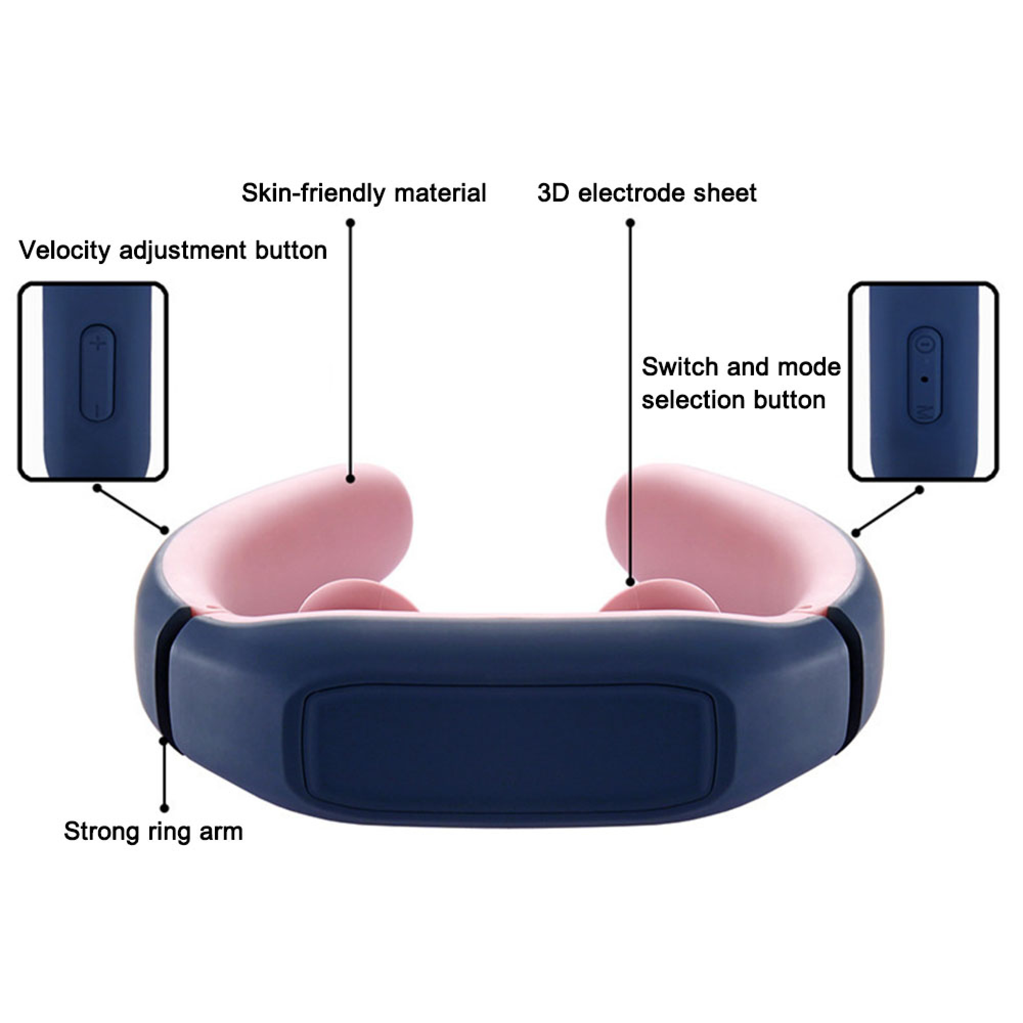 Diagramm eines blauen und rosafarbenen Nackenmassagegeräts mit beschrifteten Funktionen.