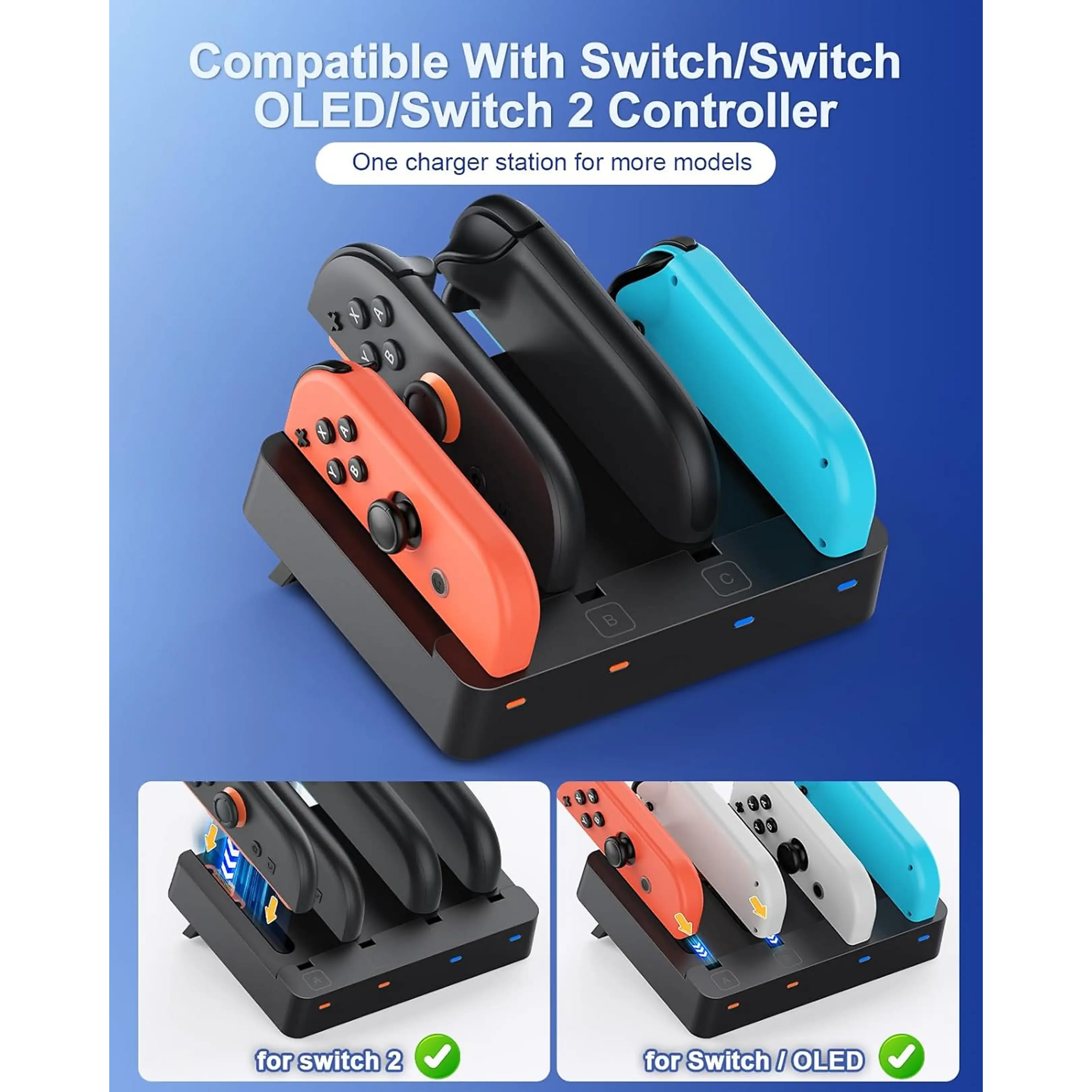 Schwarze Ladestation für Switch, OLED und Switch 2 Controller mit bunten Joy-Cons.