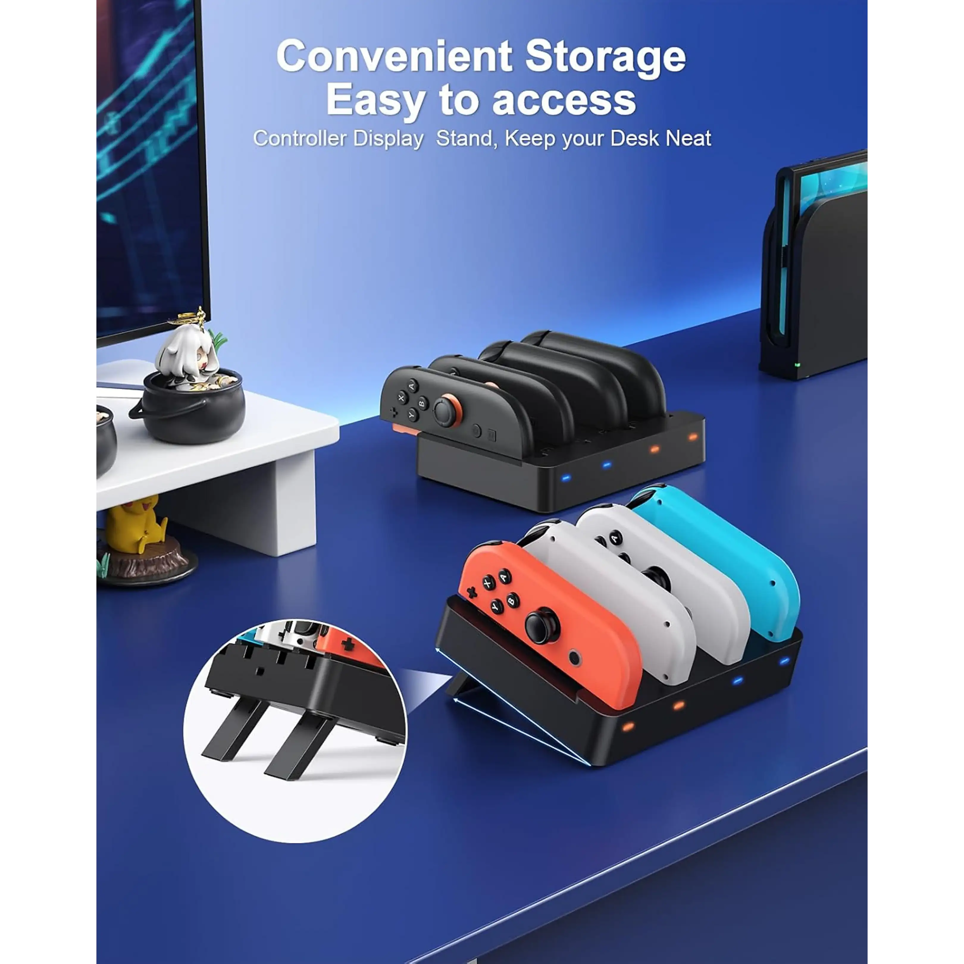 Zwei schwarze Ladestationen für Nintendo Switch Controller stehen auf einem blauen Tisch.
