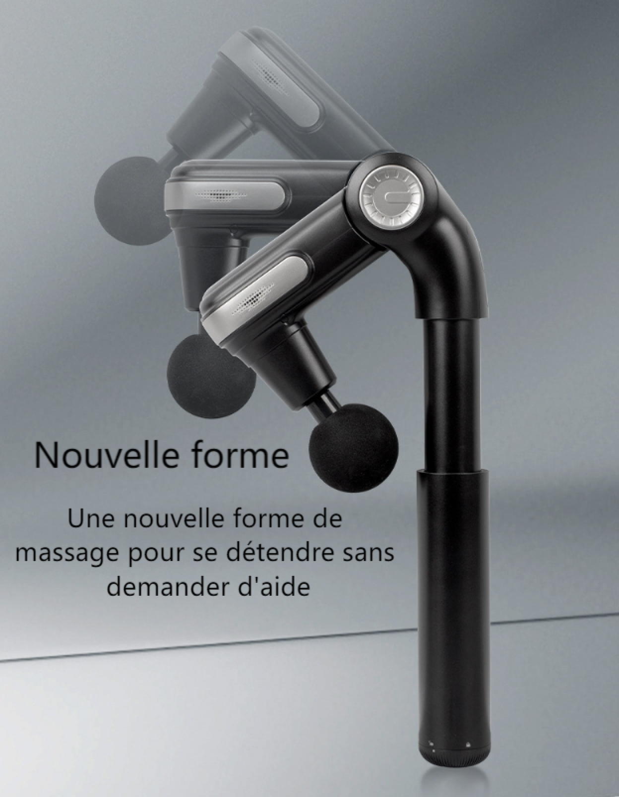 Eine schwarze Massagepistole mit verstellbarem Kopf auf grauem Hintergrund, mit französischem Text.