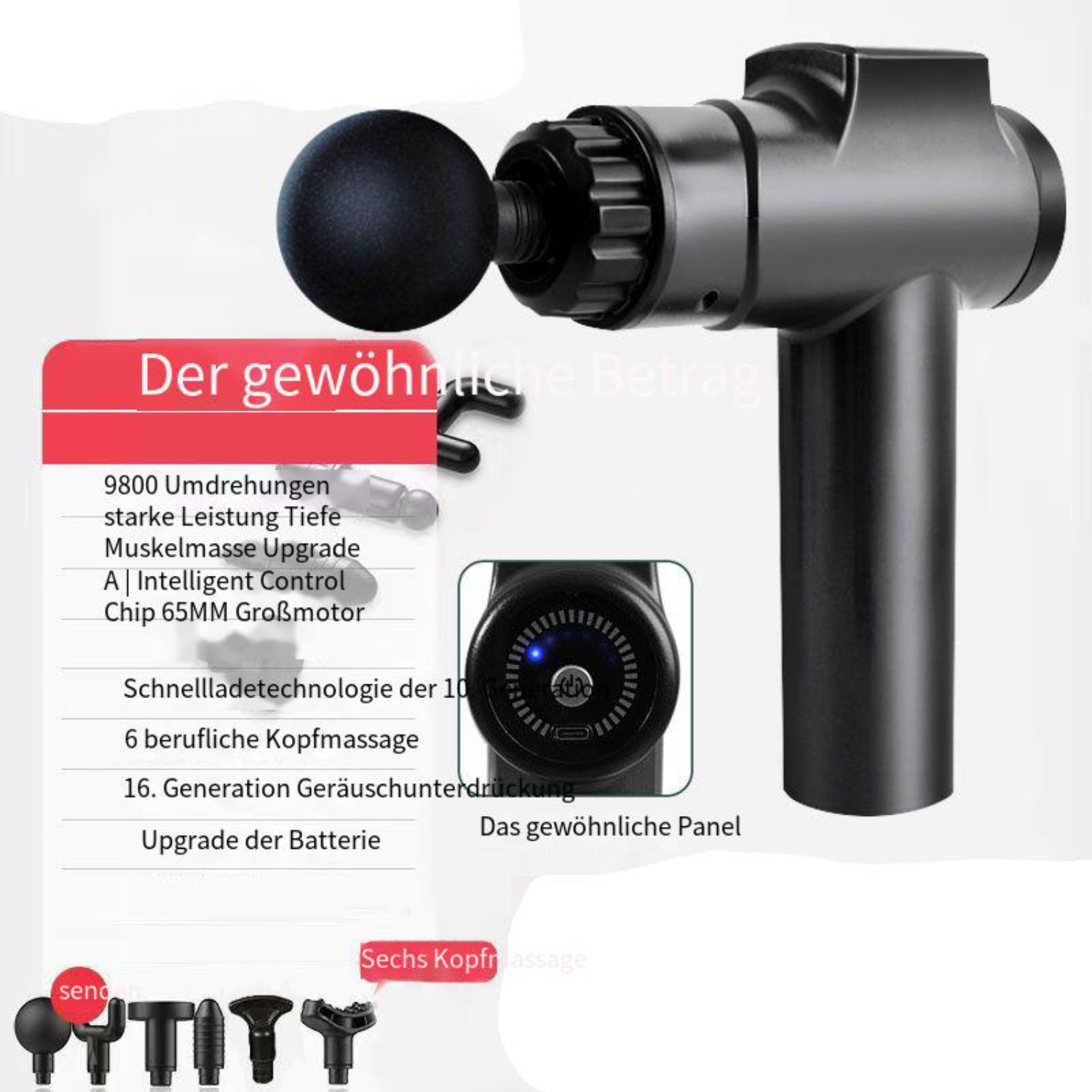 Schwarze Massagepistole mit runden Aufsatz und Texttafeln auf der linken Seite.