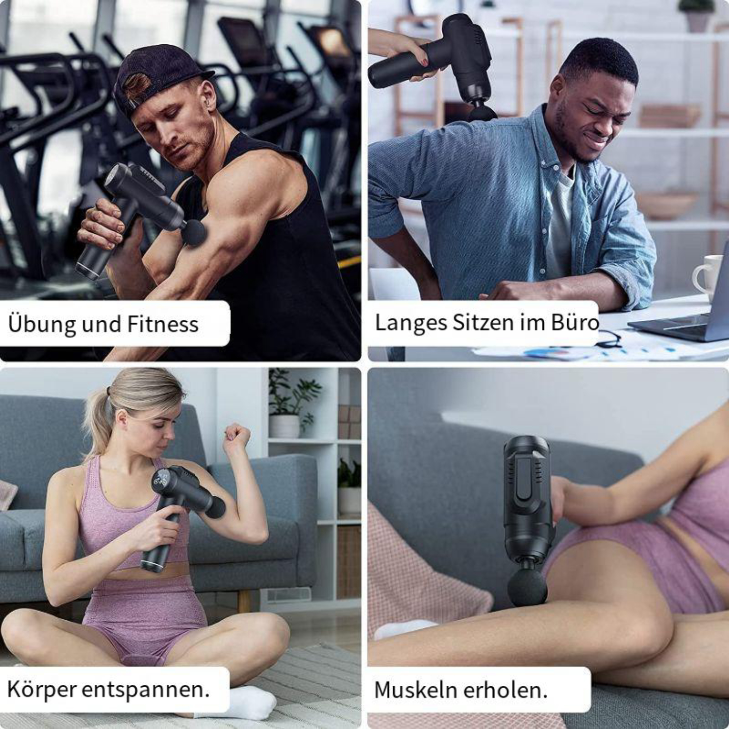 Vier Personen nutzen Massagepistolen zur Muskelentspannung bei Fitness, Büroarbeit und zu Hause.