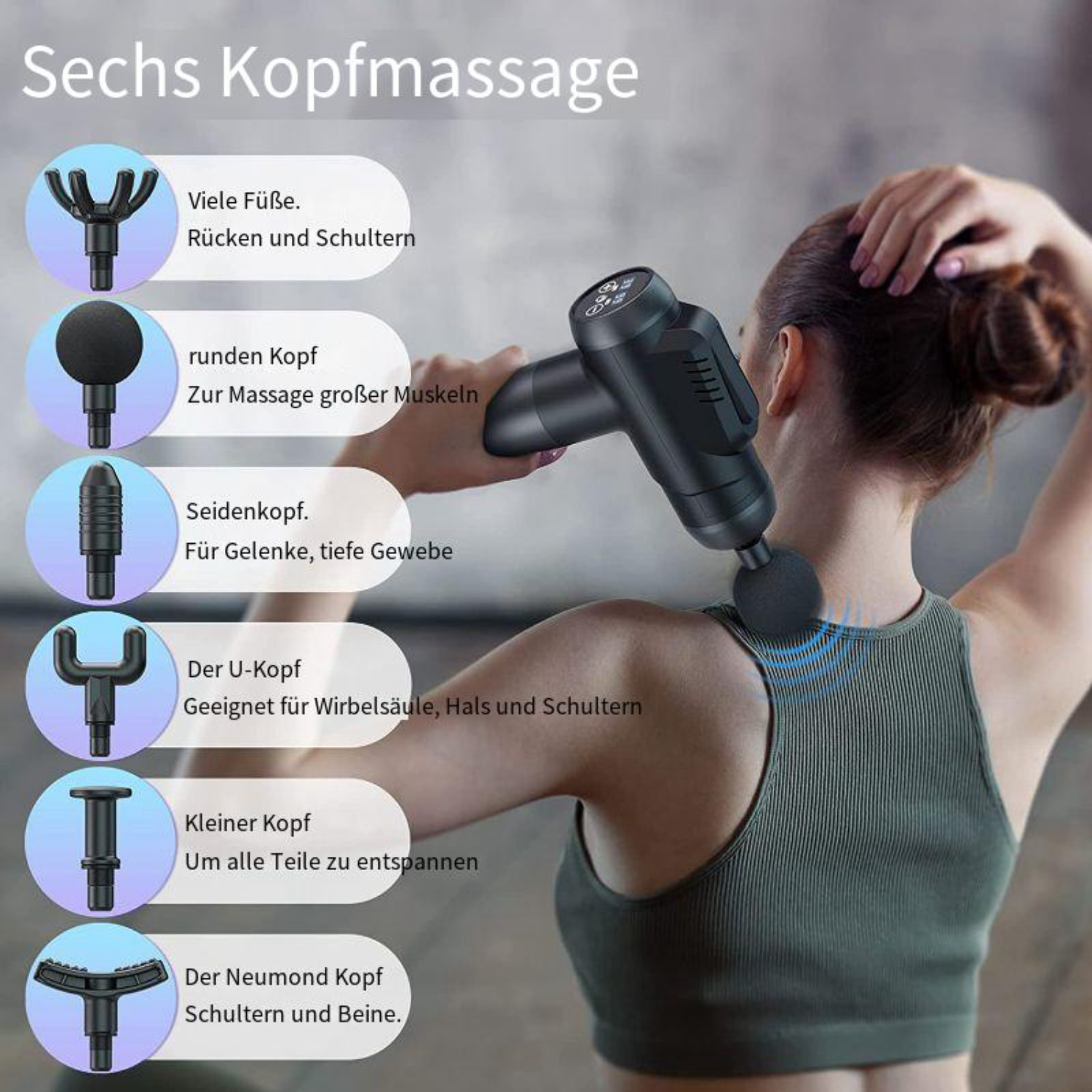 Eine Frau massiert ihre Schulter mit einer schwarzen Massagepistole, links sind sechs verschiedene Aufsätze abgebildet.