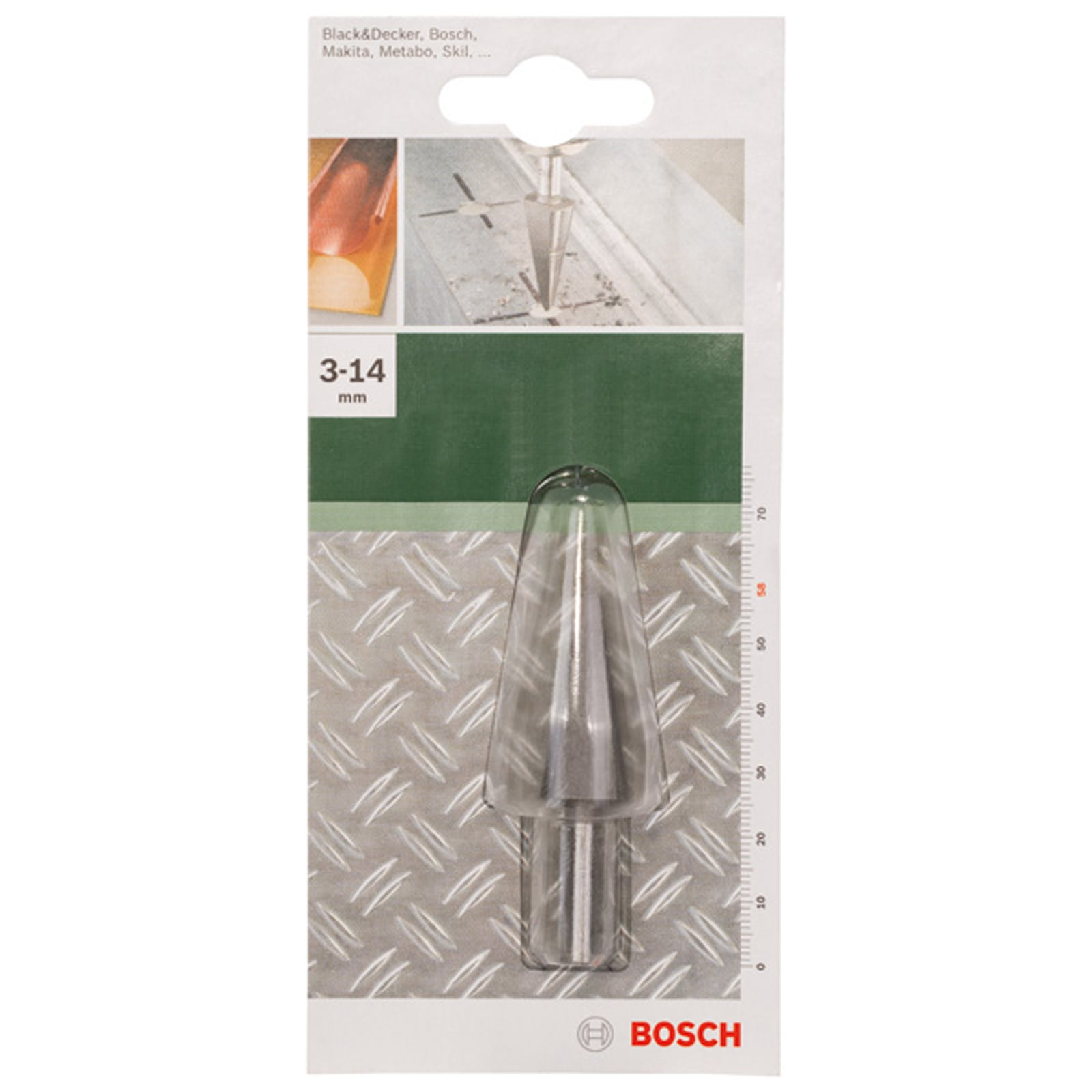 Bosch 3-14mm Kegelsenker in Originalverpackung mit Abbildung der Anwendung.