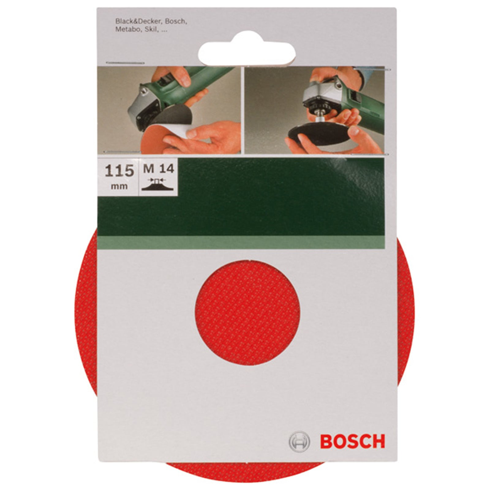 Verpackung von Bosch Schleifscheiben mit Gebrauchsbildern oben und roter Schleifscheibe unten.