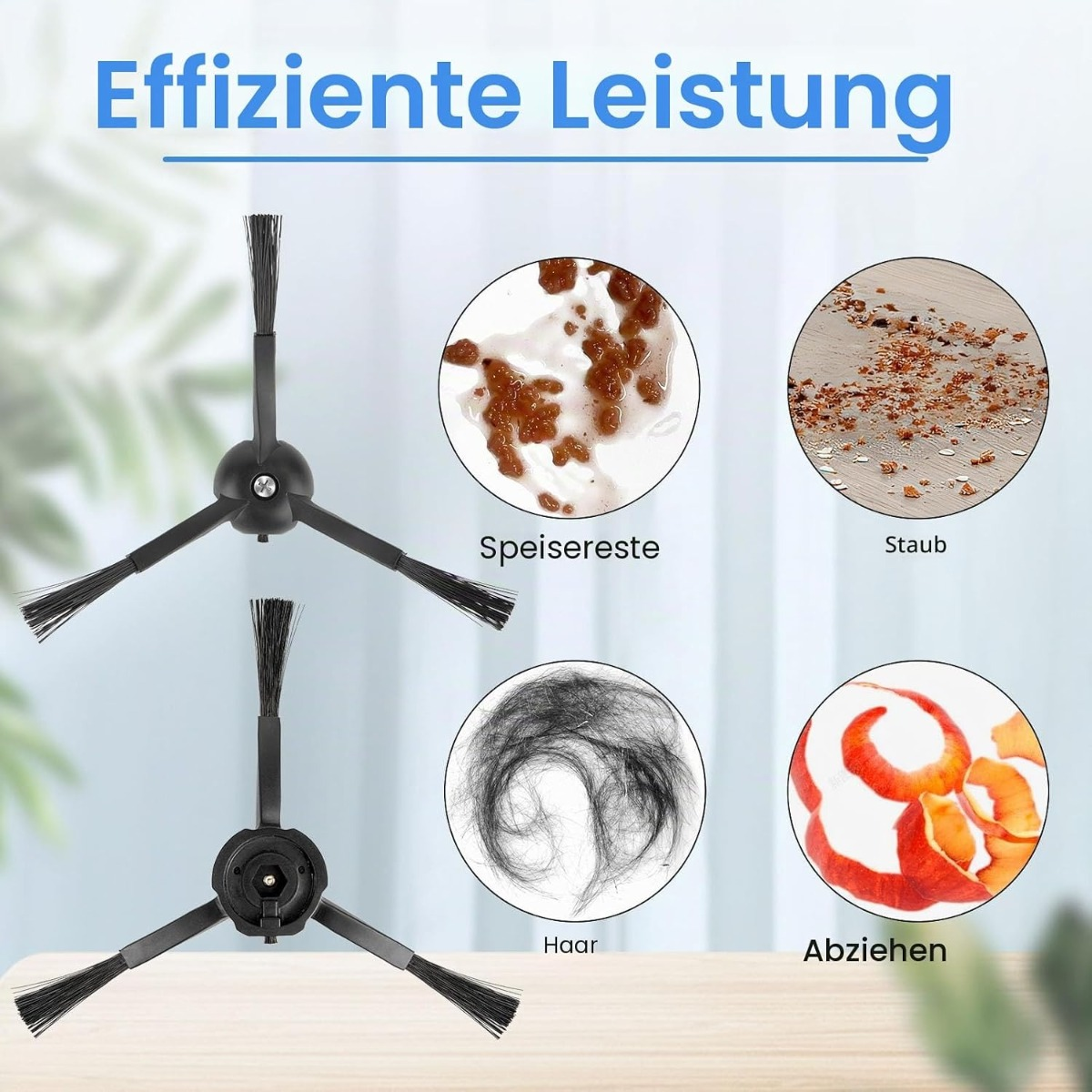 Grafica di una spazzola per robot aspirapolvere e cerchi che mostrano detriti come cibo, polvere, capelli e bucce.
