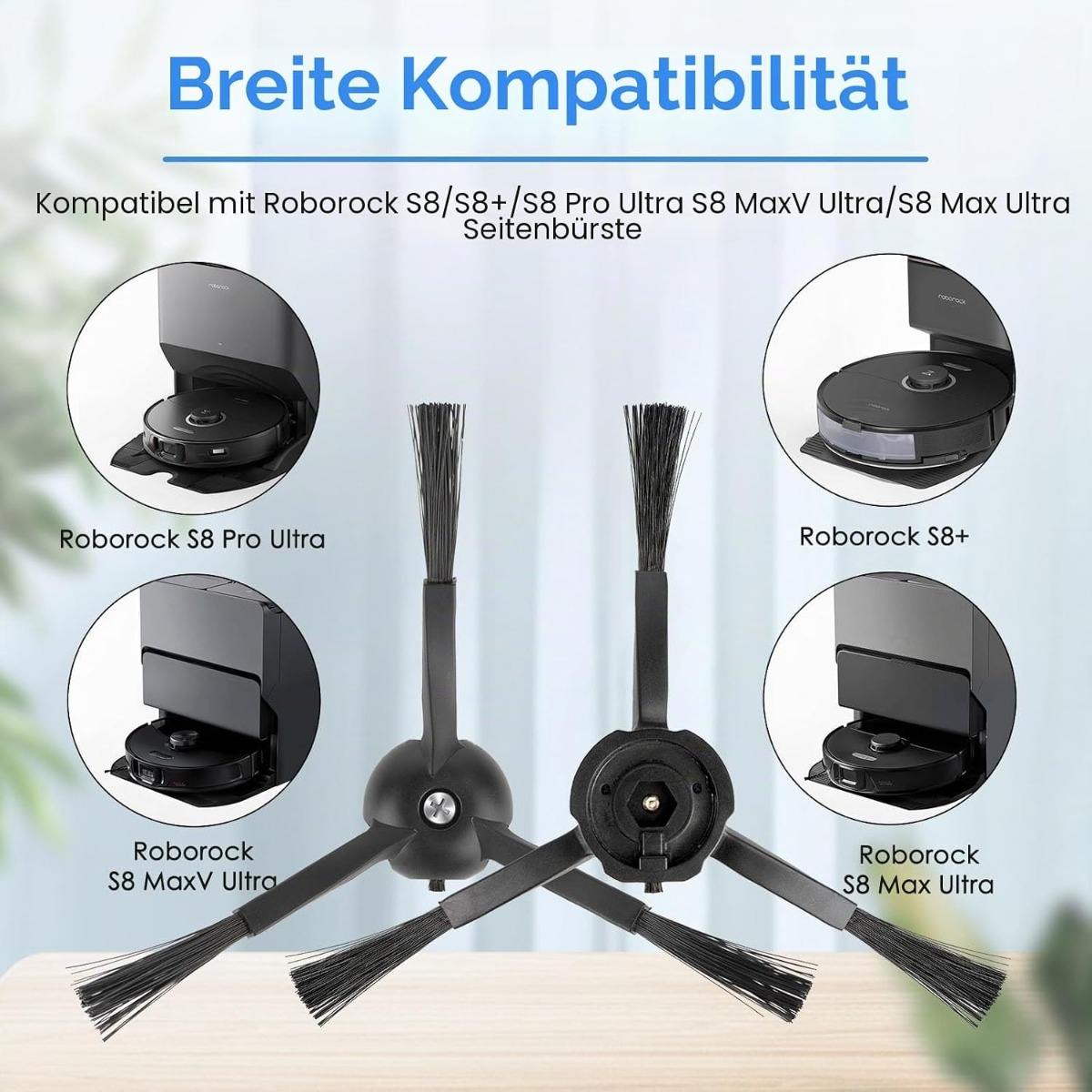 Due spazzole laterali nere per aspirapolvere Roborock con dettagli di compatibilità.