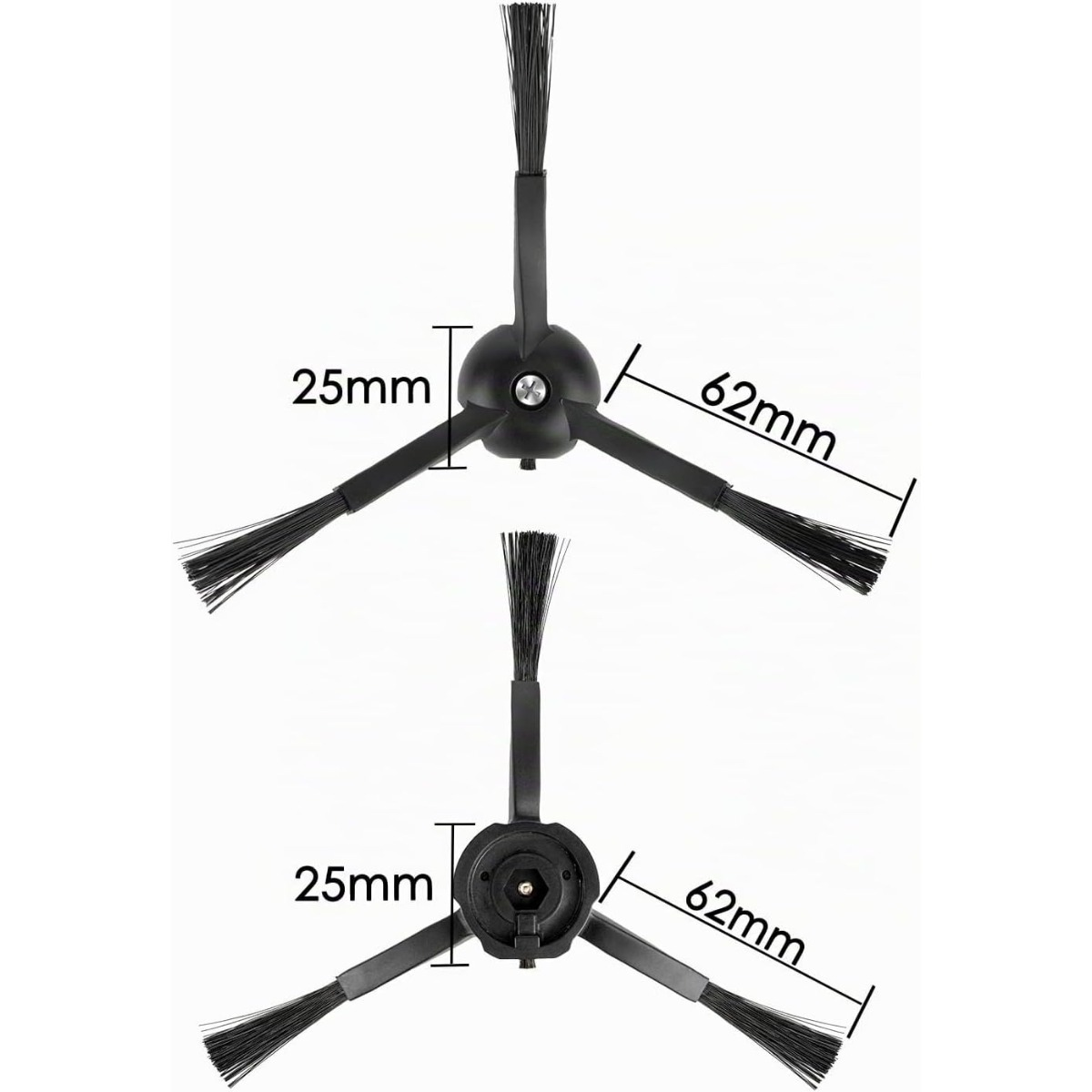 Due spazzole laterali nere per robot aspirapolvere con misure di 25 mm e 62 mm.