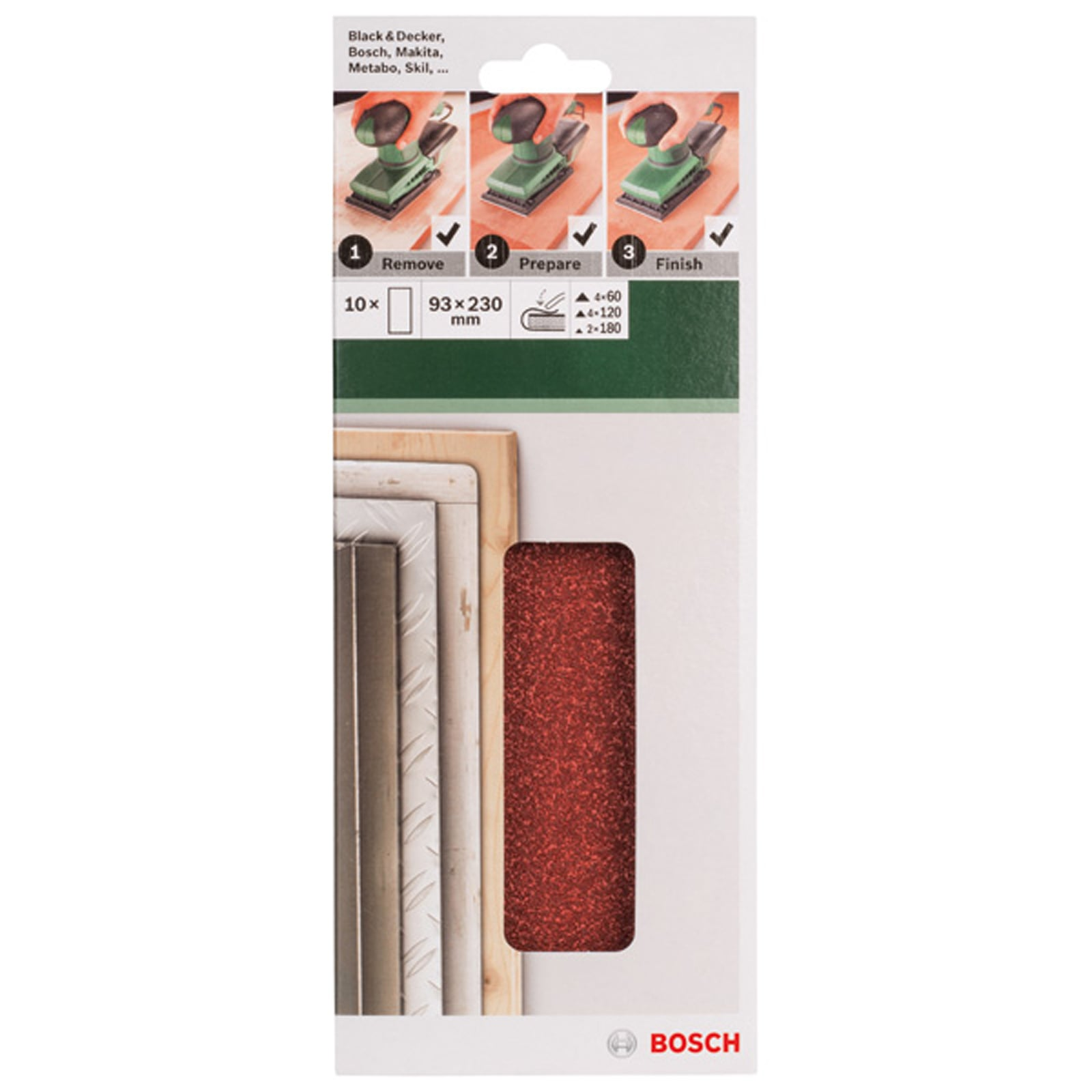 Verpackung von Bosch Schleifblättern mit roten Schleifpapierproben und Anwendungsbildern oben.