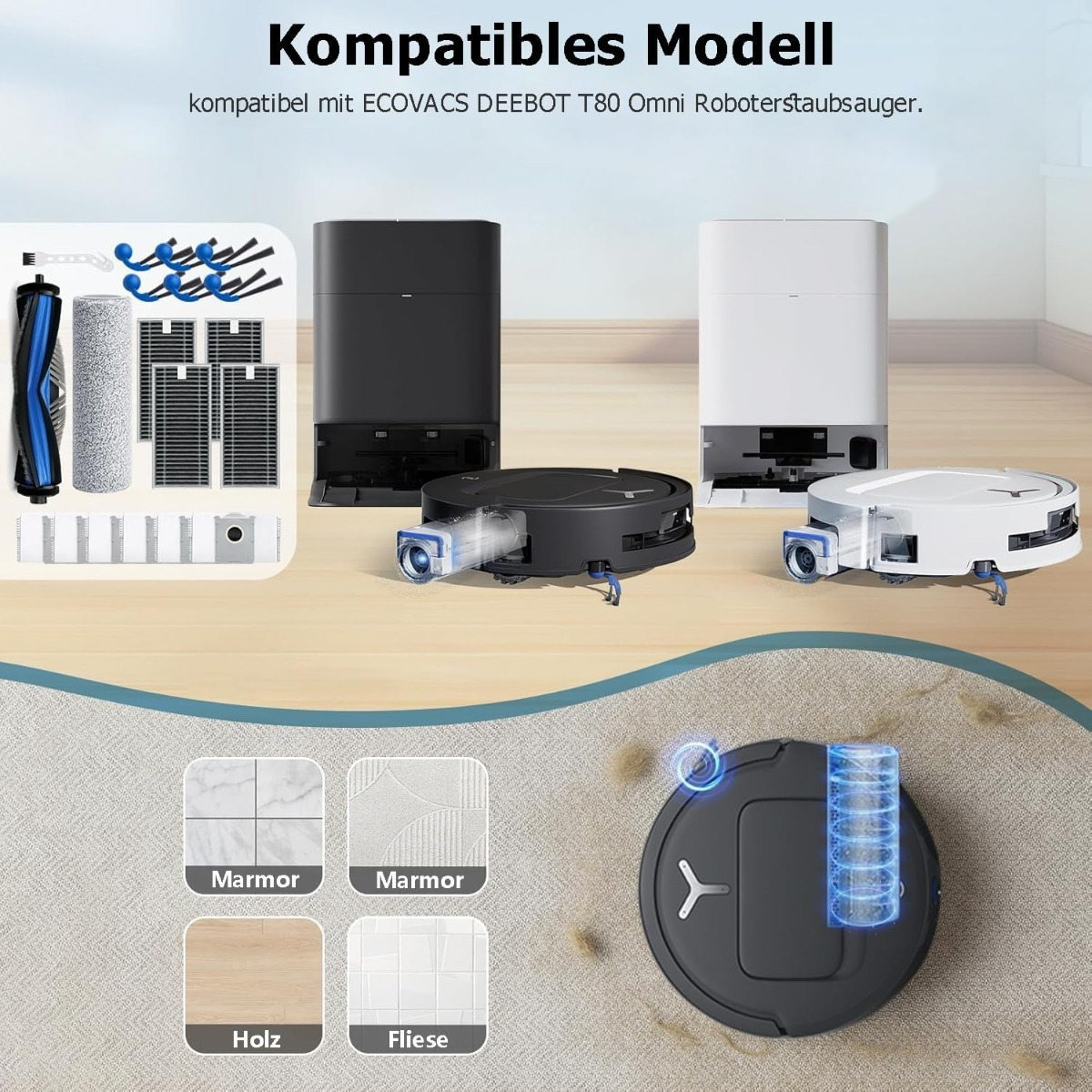 Aspirapolvere robot Ecovacs Deebot T80 Omni con accessori e tipi di pavimento.