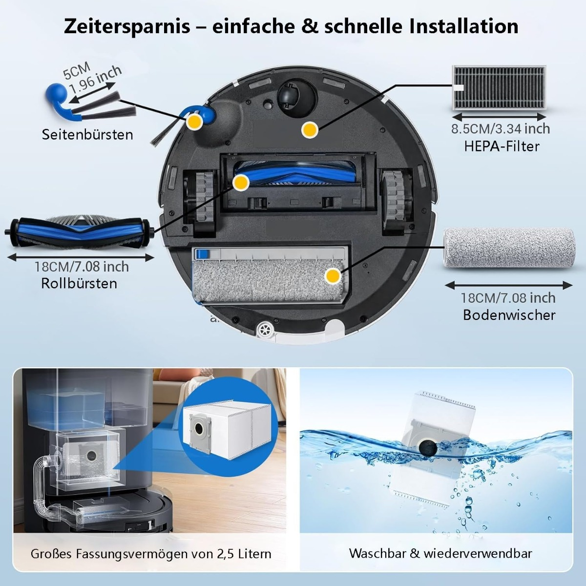 Diagramma con parti di robot aspirapolvere, sacco da 2,5L e filtro.