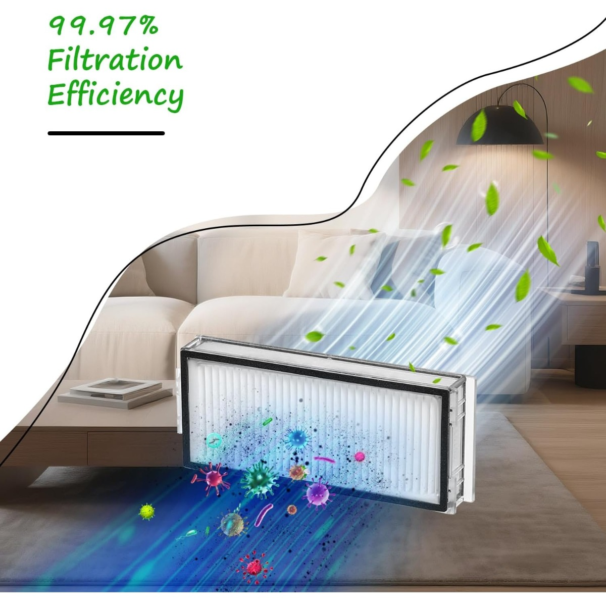 Ein Filter fängt Mikroben im Wohnzimmer auf, mit Text über 99.97% Filtration.