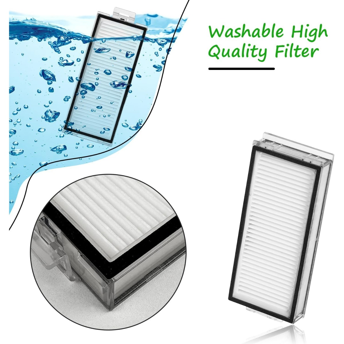 Rechteckiger Staubsaugerfilter in Wasser und als Nahaufnahme, mit Text "Washable High Quality Filter".