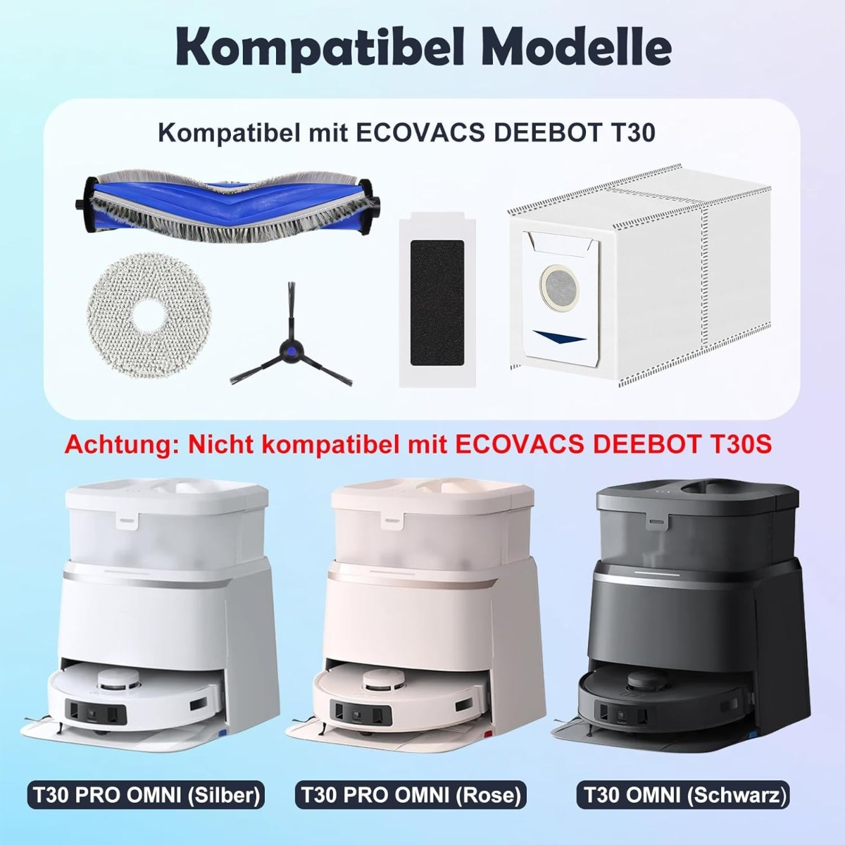 Ricambi per aspirapolvere ECOVACS DEEBOT T30, inclusi spazzole, filtri e sacchetti in vari colori.