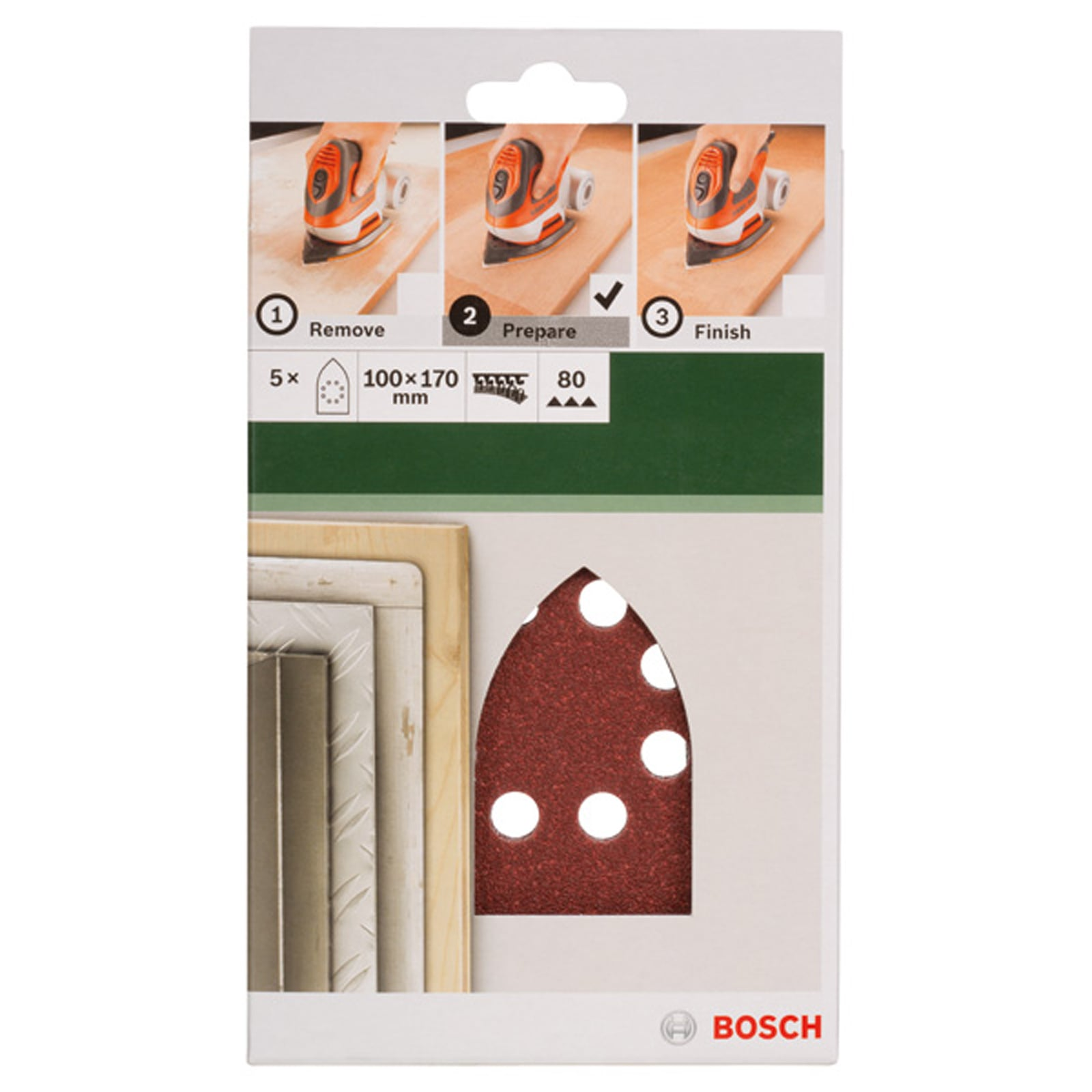 Bosch Schleifpapier-Verpackung mit Schritt-für-Schritt-Anleitung und rotem Deltaschleifblatt.