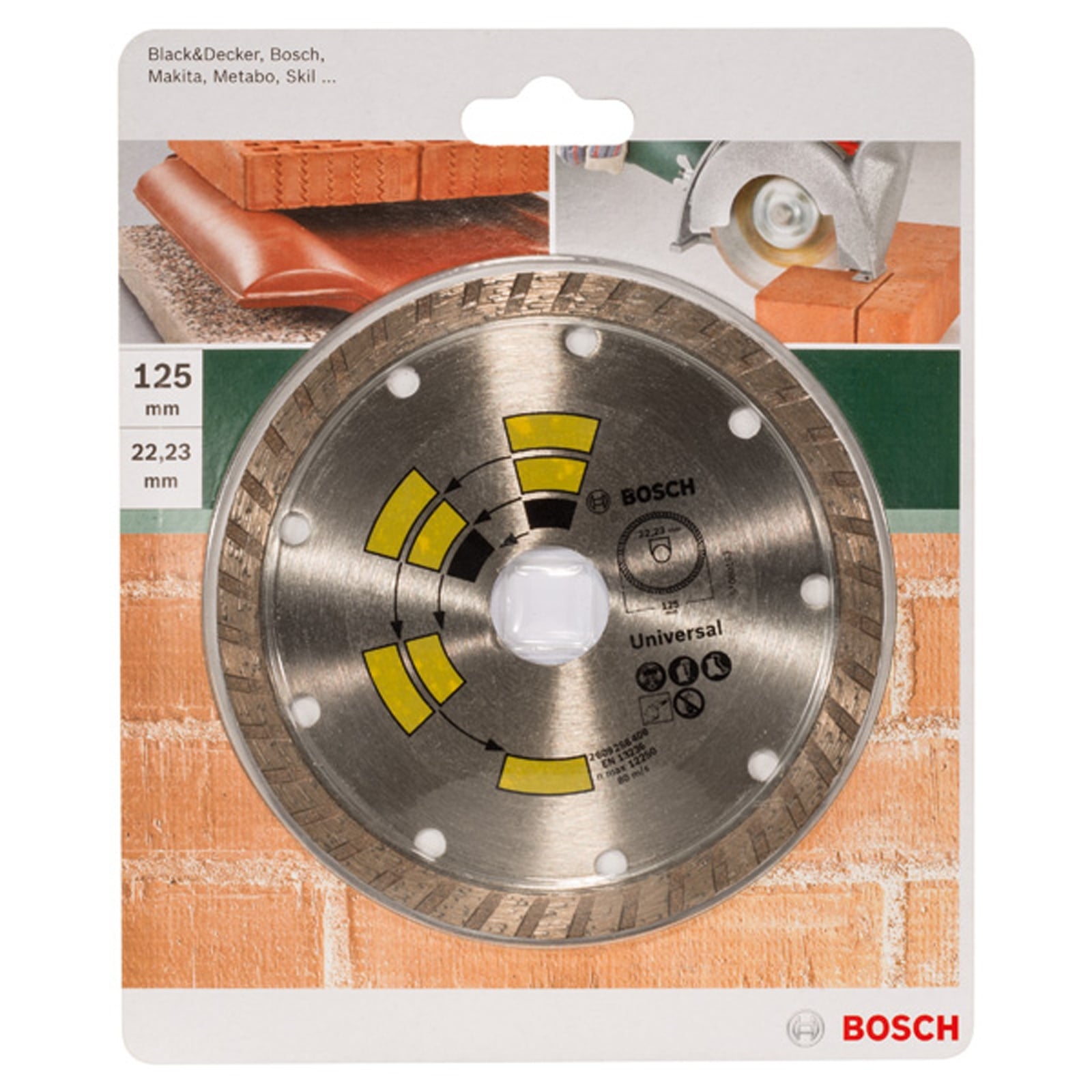 Eine runde Bosch Diamant-Trennscheibe in Originalverpackung mit Abbildungen von Ziegelschnitten.