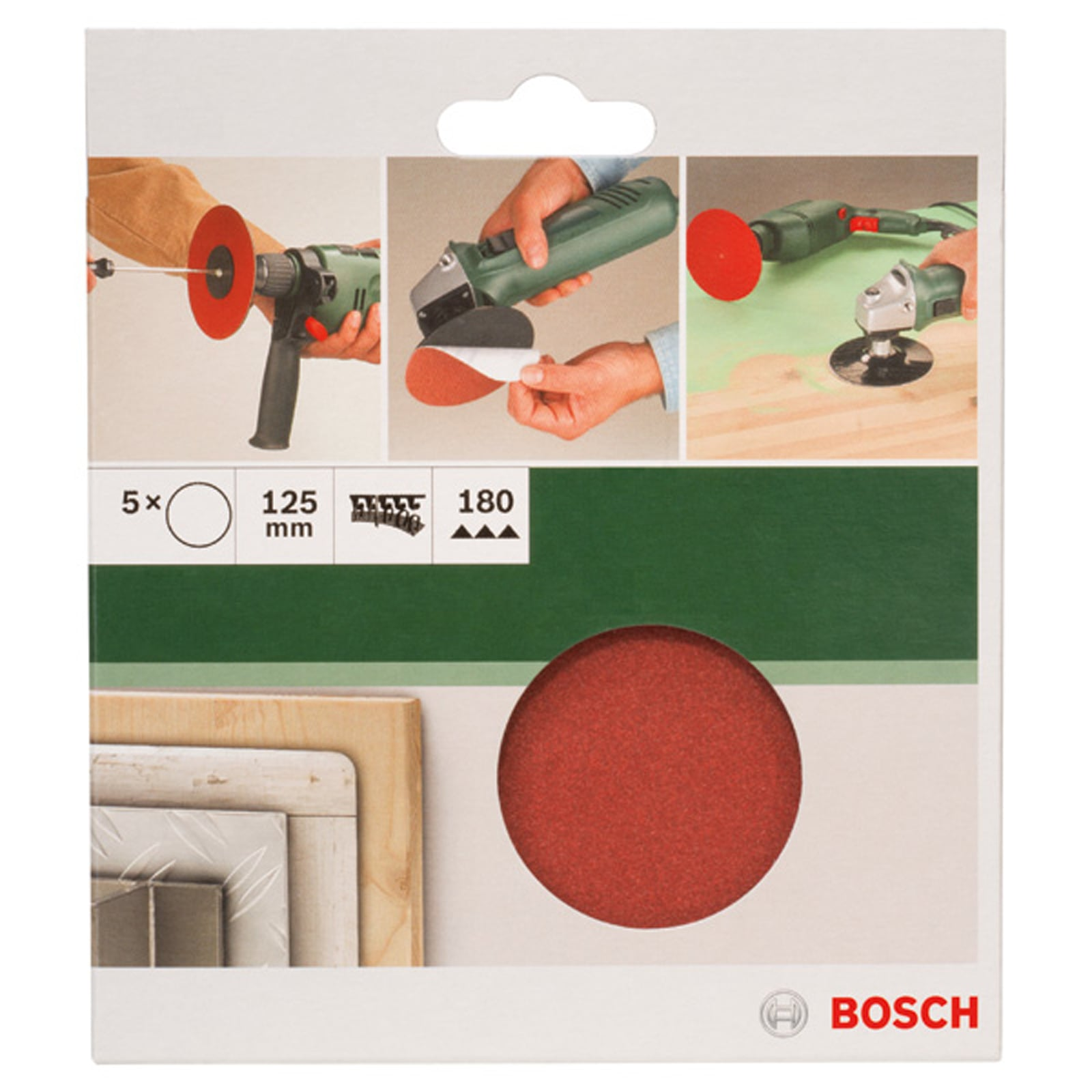 Bosch-Schleifscheiben-Verpackung mit Anwendungsszenen, roter Scheibe und technischer Information.