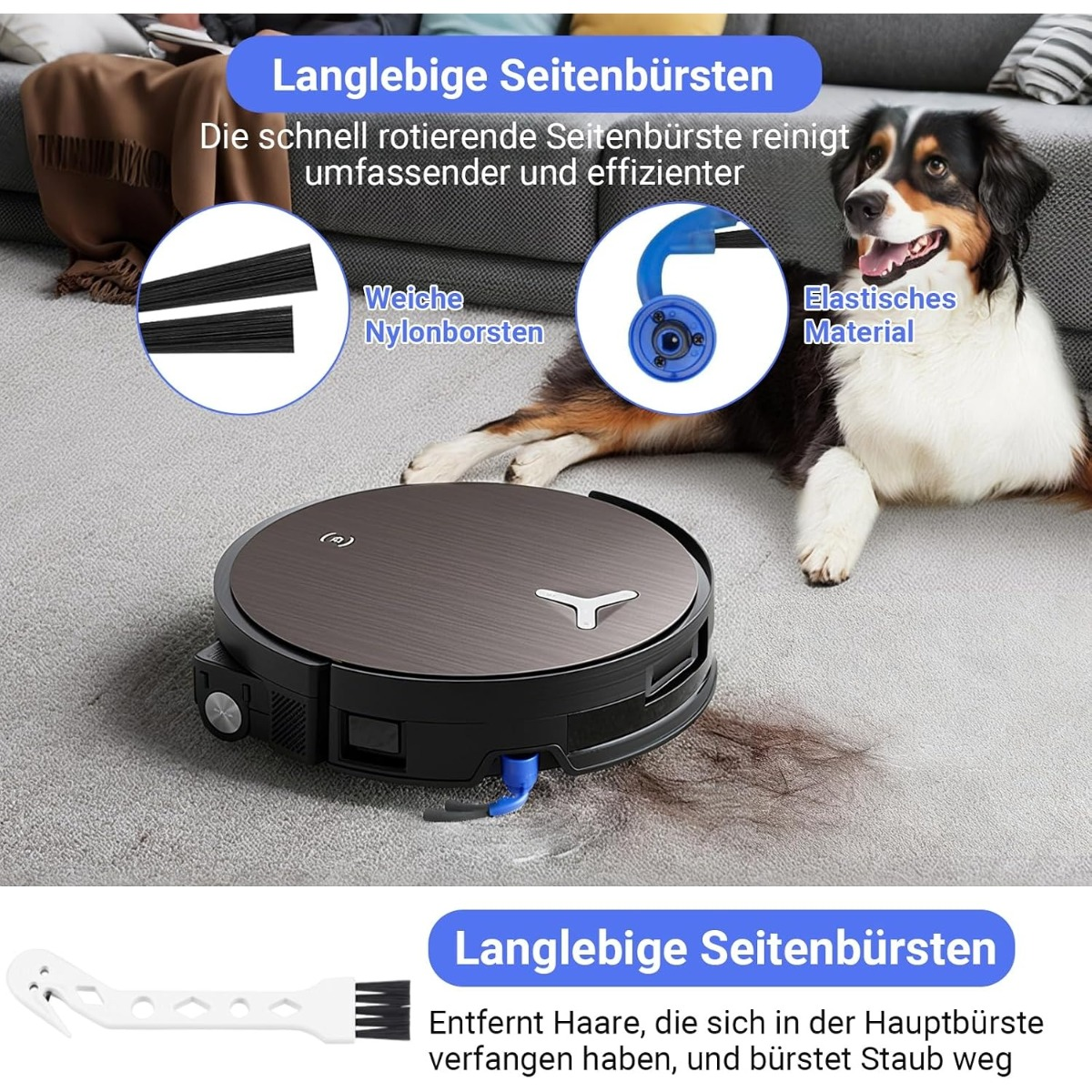 Un robot aspirapolvere pulisce un tappeto vicino a un cane, con dettagli delle spazzole.