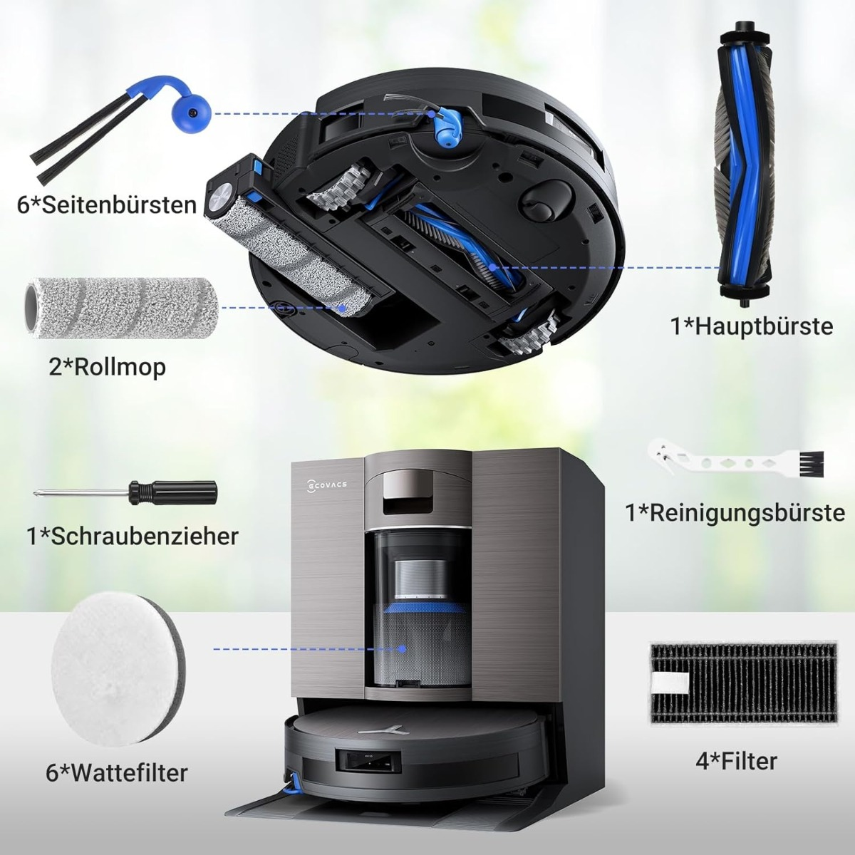 Il diagramma mostra un robot aspirapolvere, base di ricarica e accessori come spazzole.