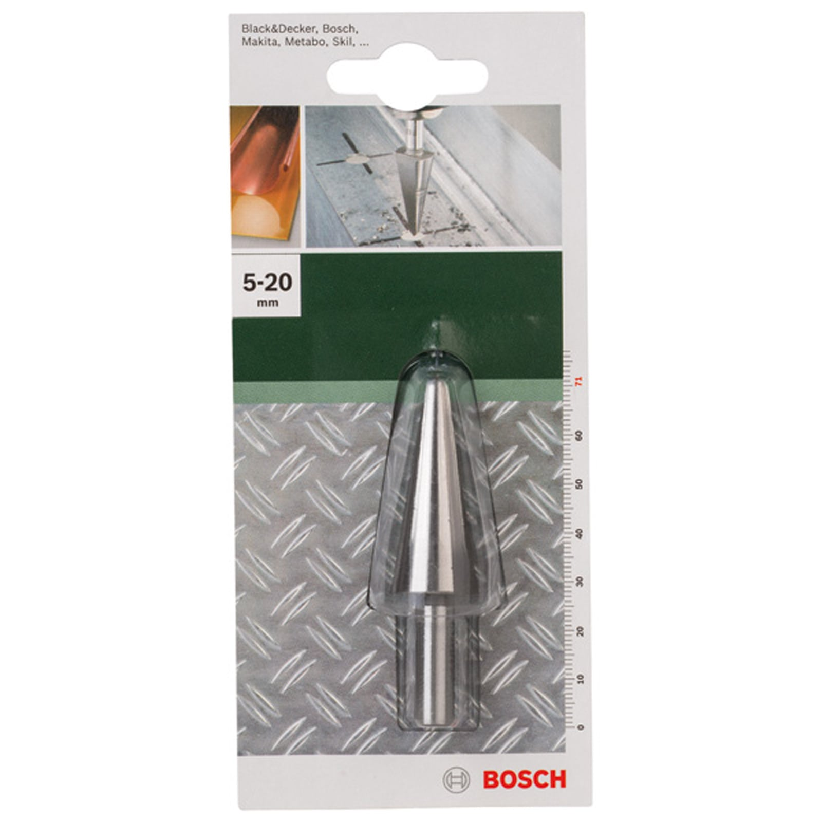 Bosch Kegelsenker in Originalverpackung auf Metallhintergrund.