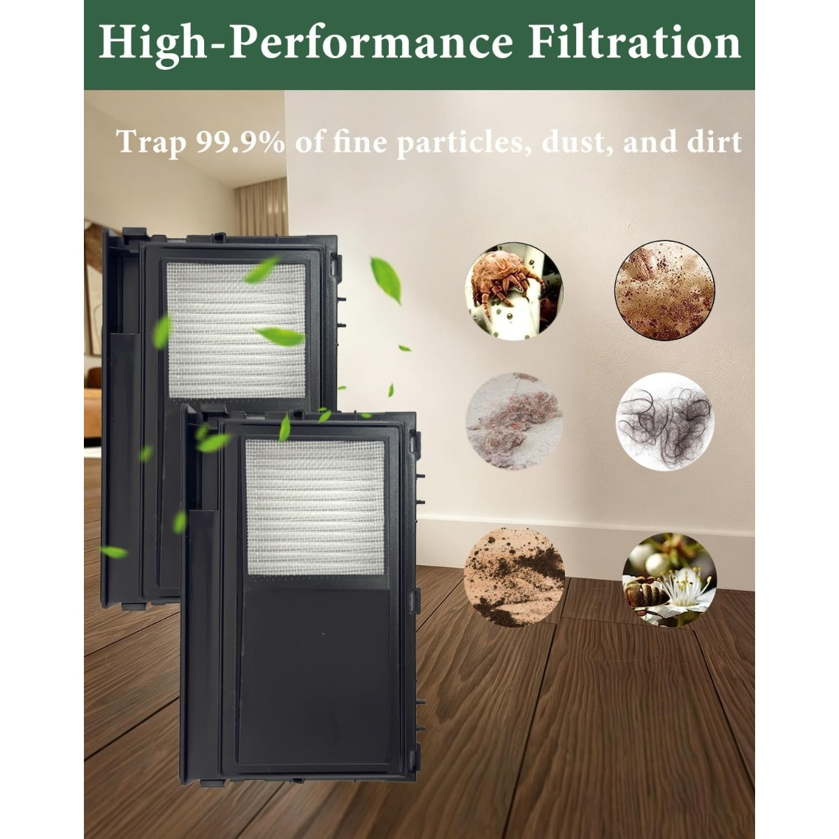 Zwei schwarze Filter vor einem Holzfußboden mit eingekreisten Bildern von Staub, Haaren und Milben.