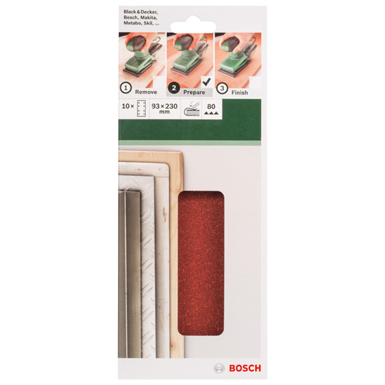 Bosch-Schleifpapier-Verpackung, rot, 93x230 mm, 80er Körnung.