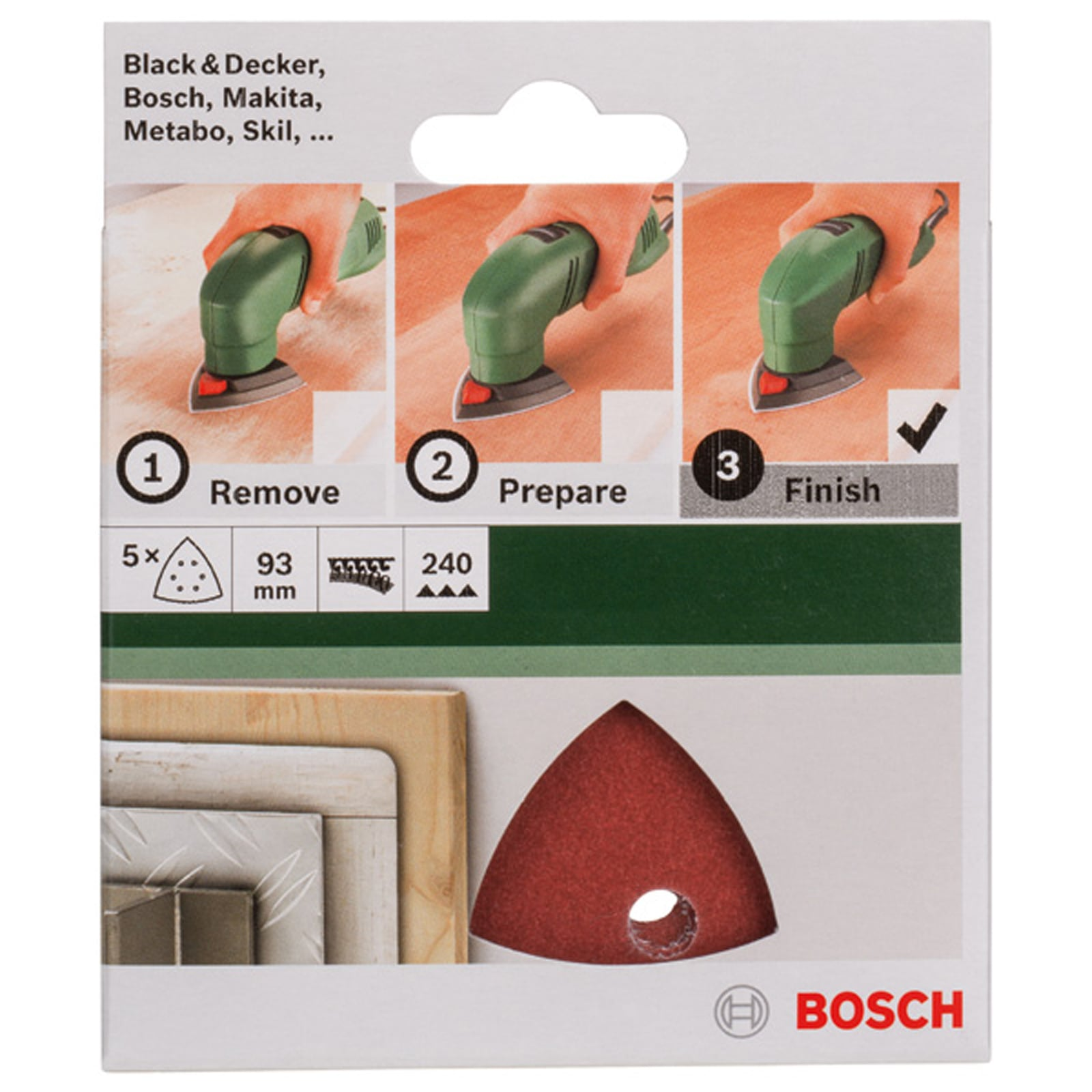 Verpackung für Bosch Dreieckschleifpapier mit dreistufiger Anleitung und einem Muster-Schleifblatt.