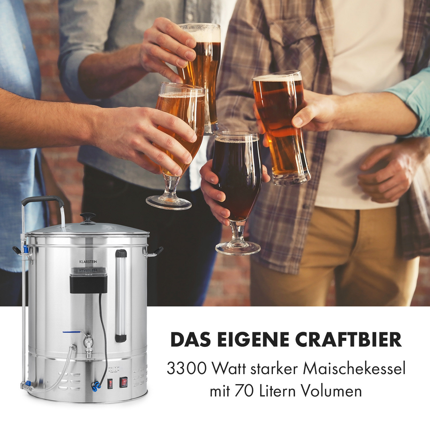 Ein Edelstahltopf neben Freunden, die mit Gläsern Bier anstoßen.