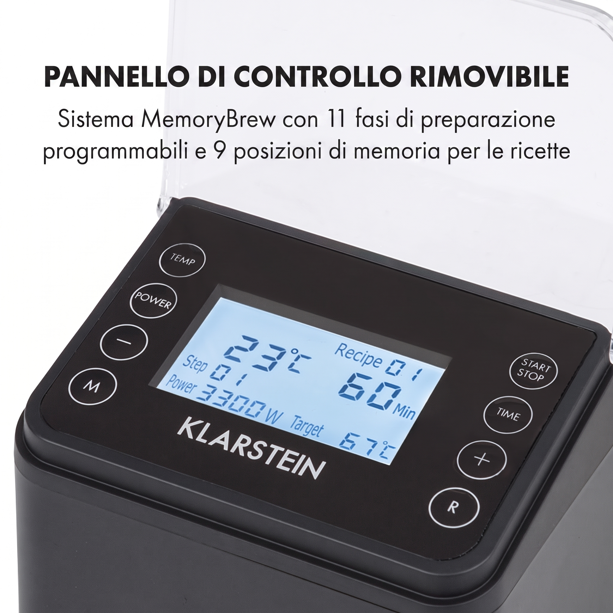 Klarstein-Bedienfeld mit LCD-Bildschirm und Tasten für Temperatur, Zeit, Start/Stopp und Programmierung.