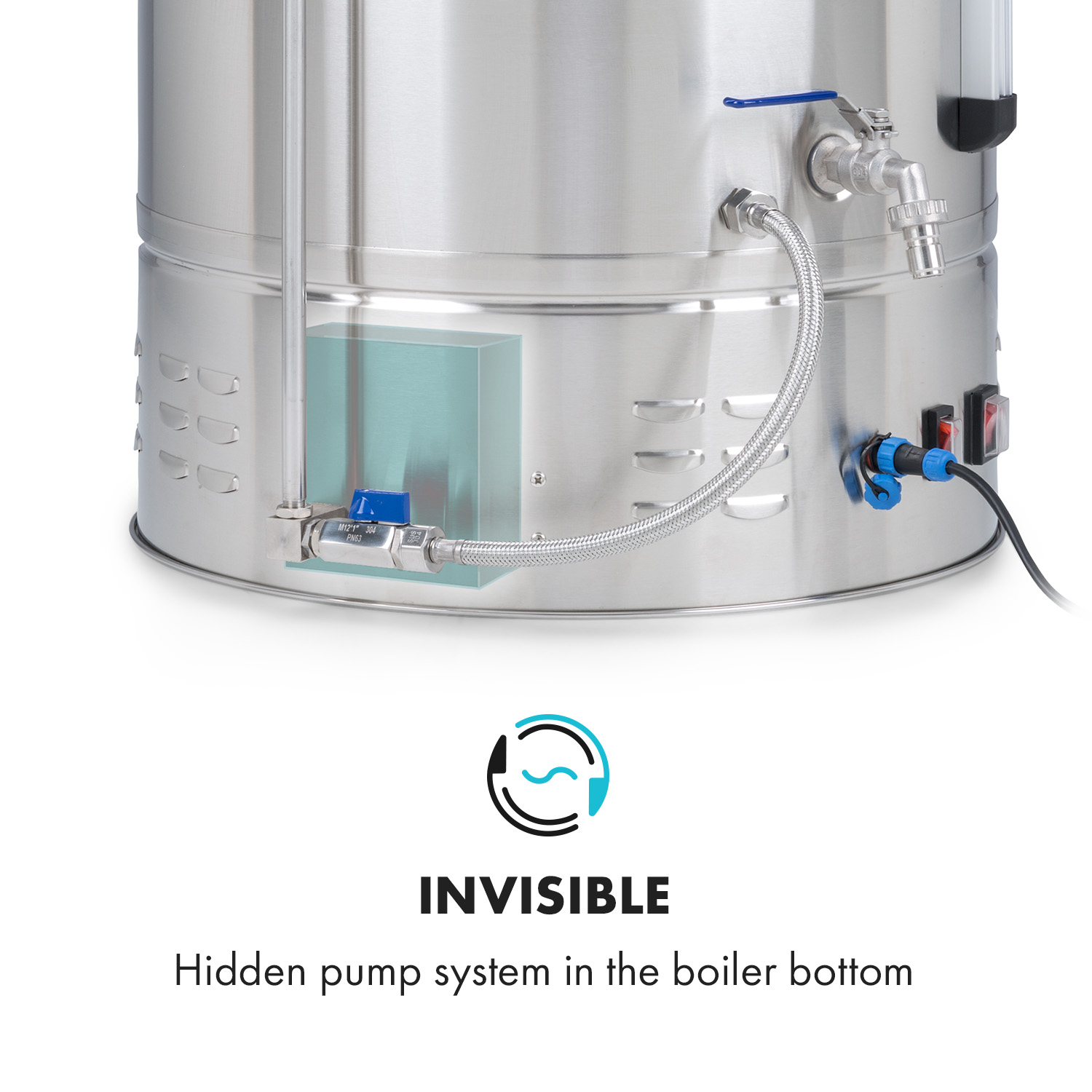 Edelstahlkessel mit verstecktem Pumpsystem im Boden, Ventilen, Schläuchen und Ein/Aus-Schalter.