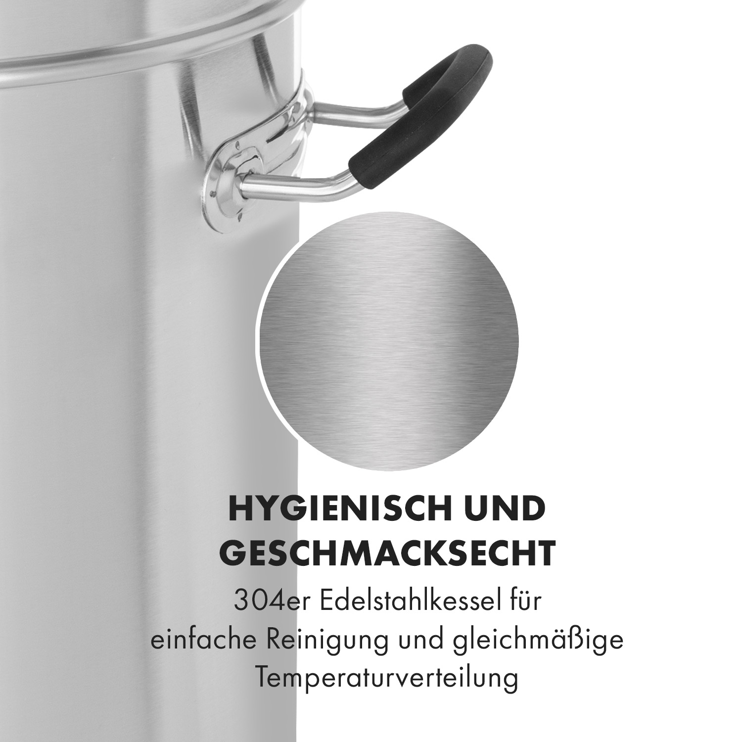 Edelstahlkessel mit schwarzen Griffen und einem runden Detailausschnitt sowie Text.