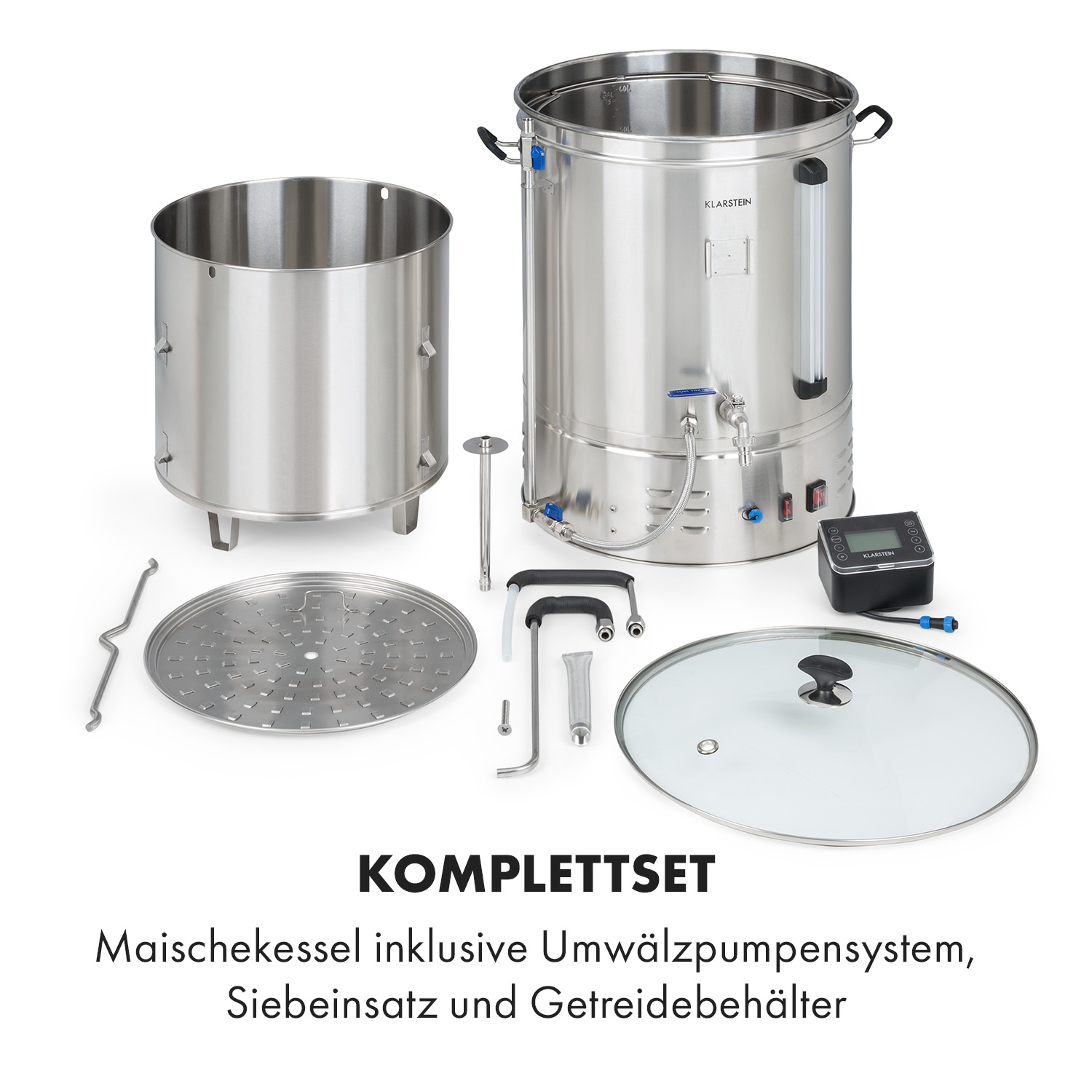 Edelstahl-Maischekessel Komplettset mit Pumpe, Siebeinsatz, Getreidebehälter, Deckel und digitalem Bedienteil.