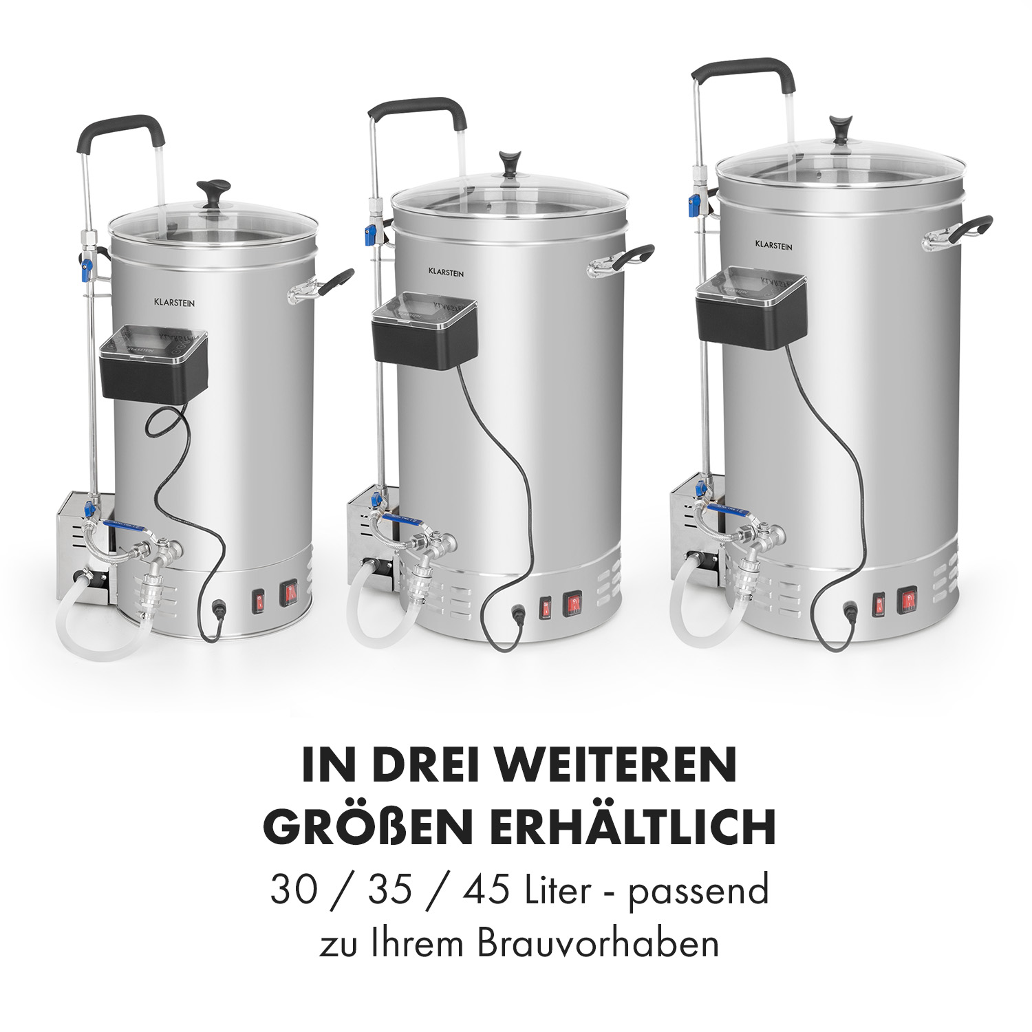 Drei Edelstahl-Bierbrauanlagen in verschiedenen Größen mit digitalen Displays und Glasdeckeln vor weißem Hintergrund.