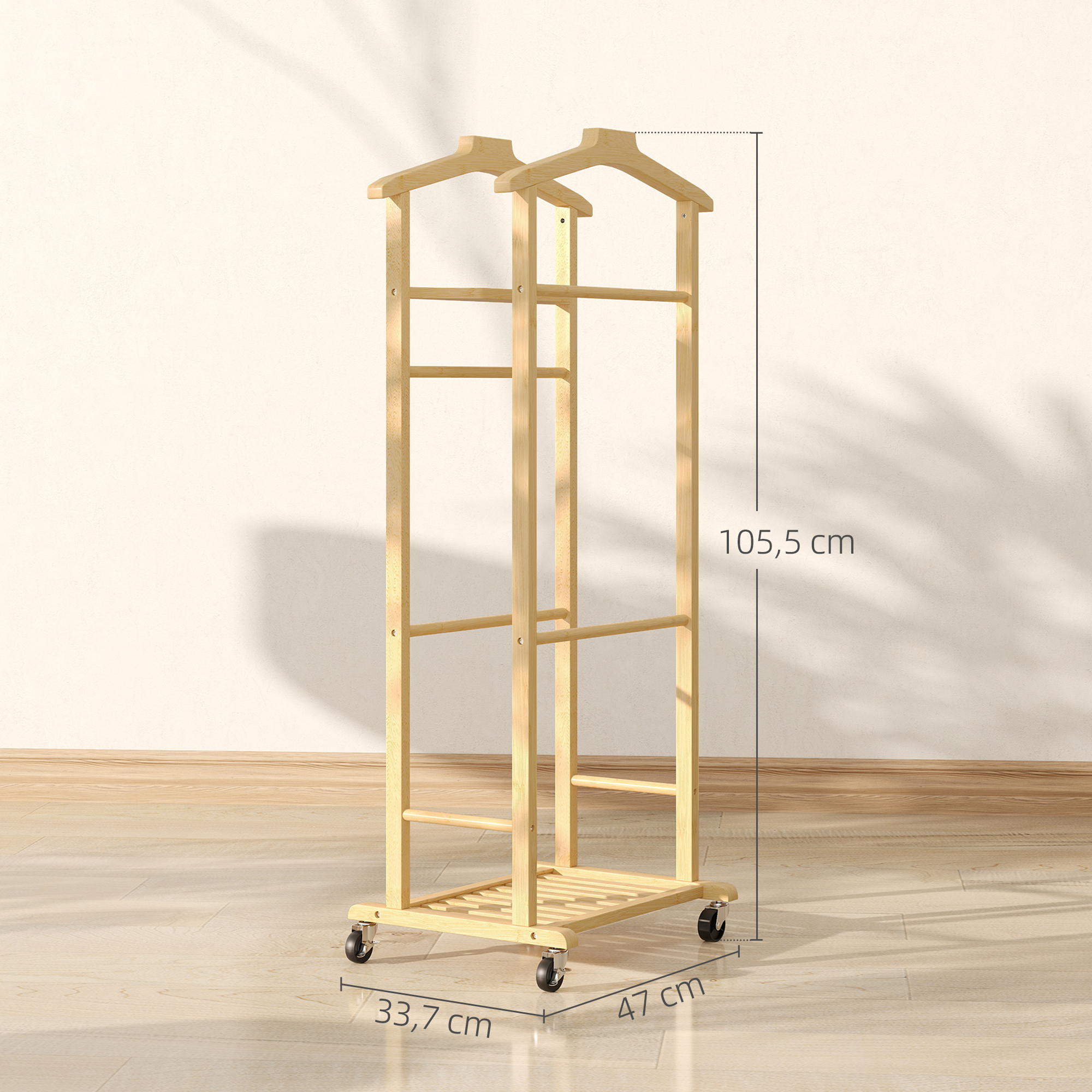Galán de noche de madera con ruedas y dimensiones: alto 105,5 cm, ancho 33,7 cm, fondo 47 cm.