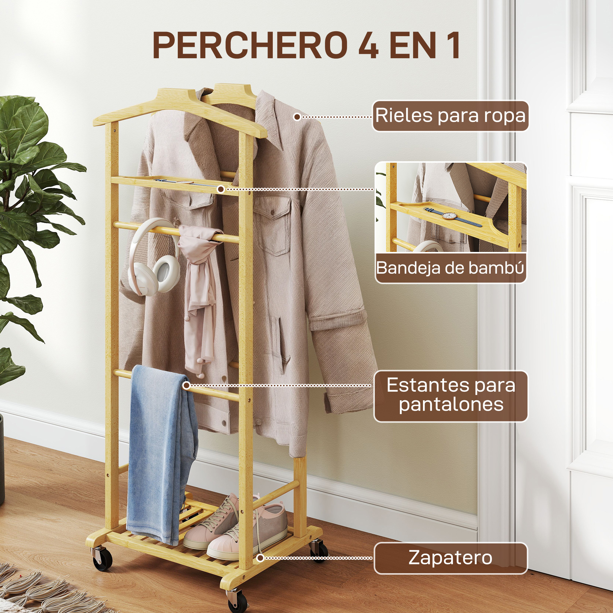 Galán de noche de bambú con ruedas, chaqueta, auriculares, pantalón, zapatos y balda. Texto en español.