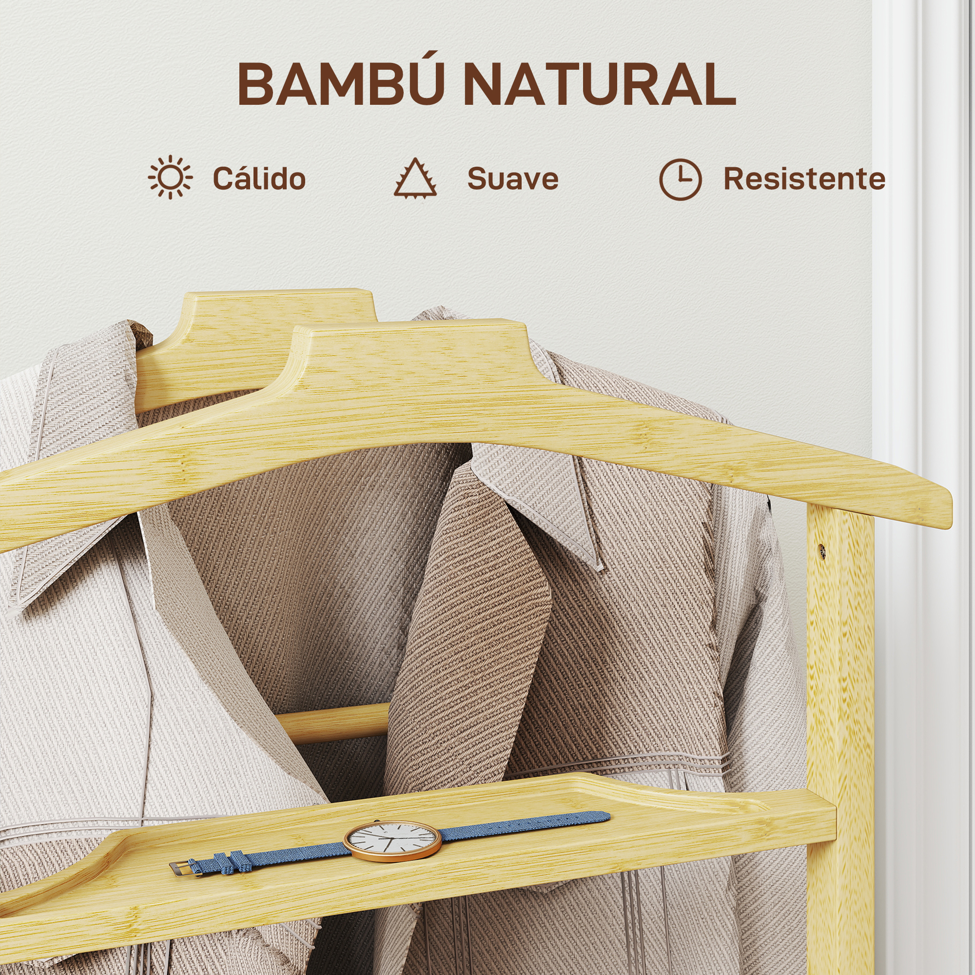 Perchero de madera de bambú con ropa y un reloj.