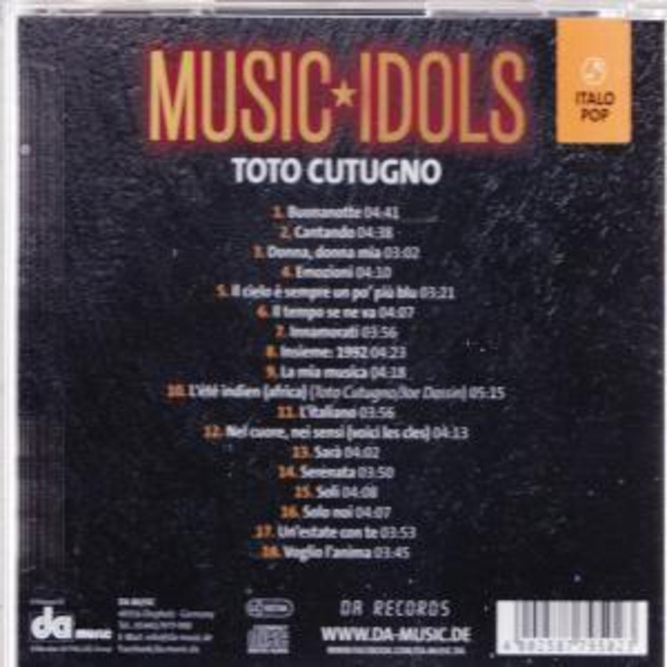 Rückseite einer Toto Cutugno CD mit Tracklist und Music Idols Logo.