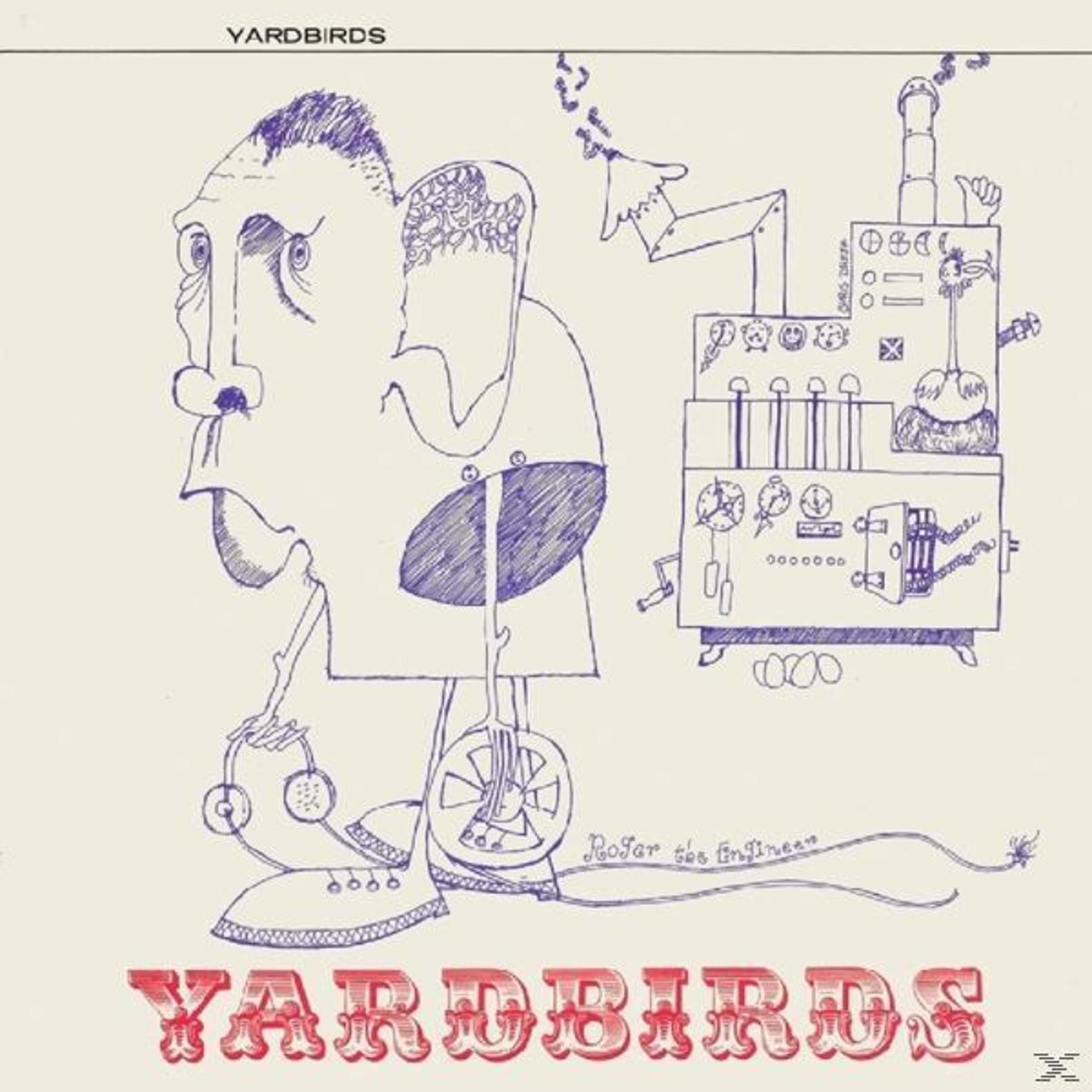 Eine Blaulicht-Skizze einer stylisierten Figur mit großem Ohr neben einer komplexen Maschine, über dem roten Text YARDBIRDS.