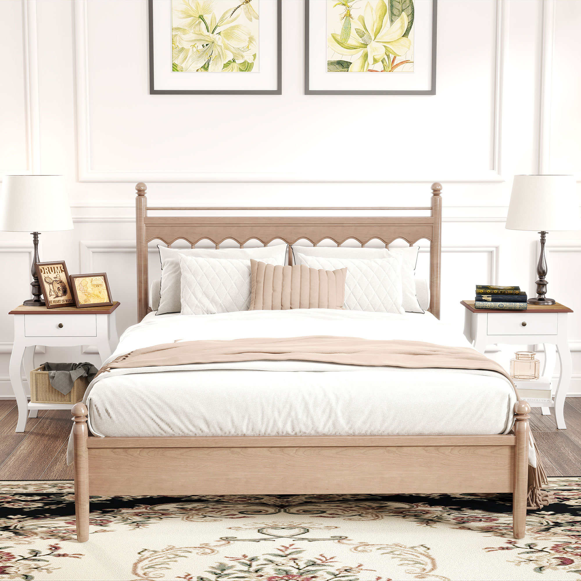 Una cama de madera con cojines blancos y beiges, mesitas de noche con lámparas y arte floral.