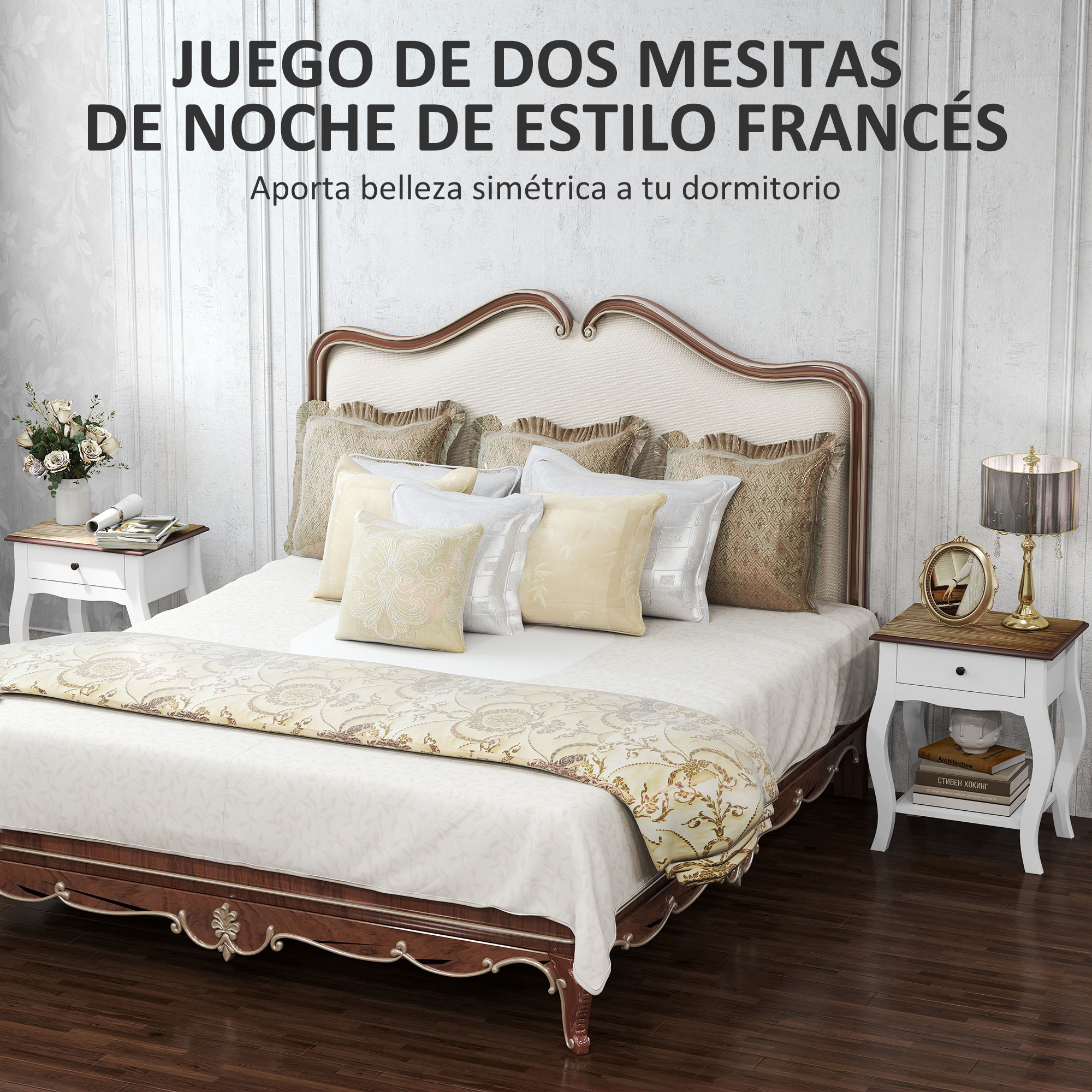 Una cama de estilo francés con mesitas de noche a juego y ropa de cama.