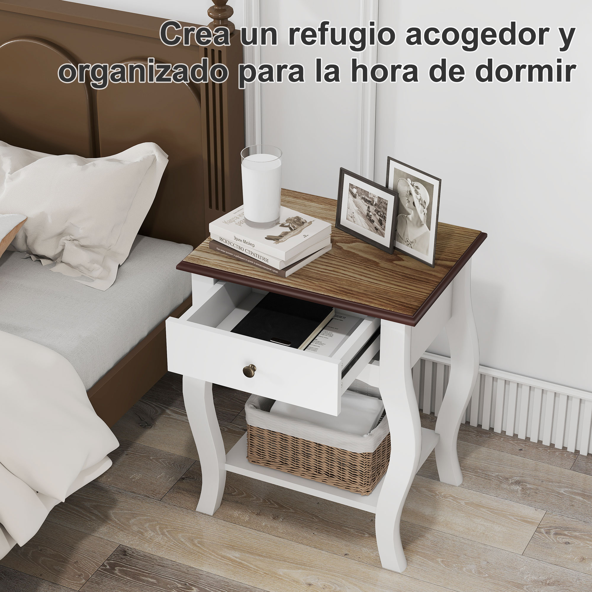 Una mesita de noche blanca y marrón junto a una cama con libros, un vaso de leche, marcos y una cesta.