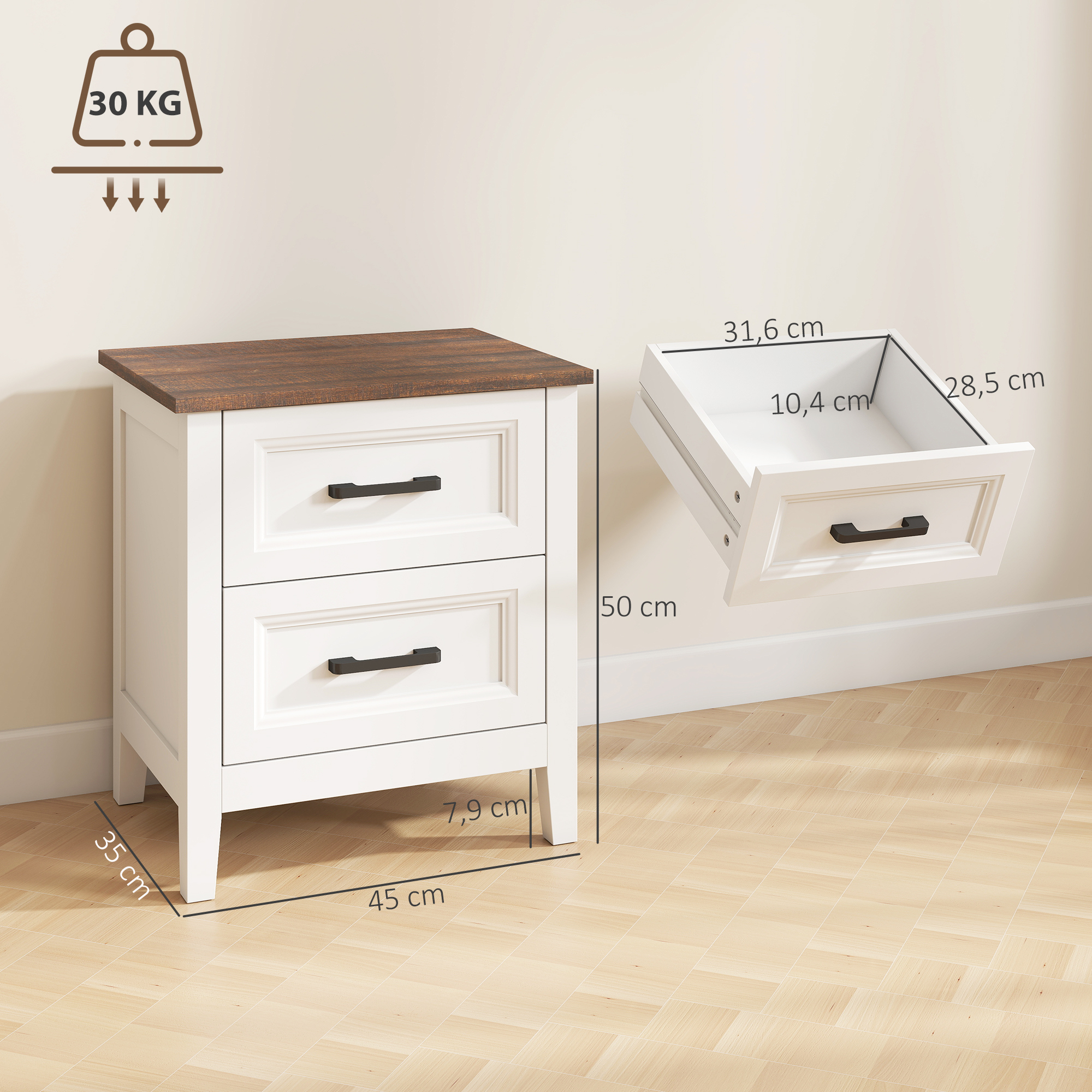 Mesita de noche blanca con tapa de madera y dimensiones, con un cajón abierto al lado.