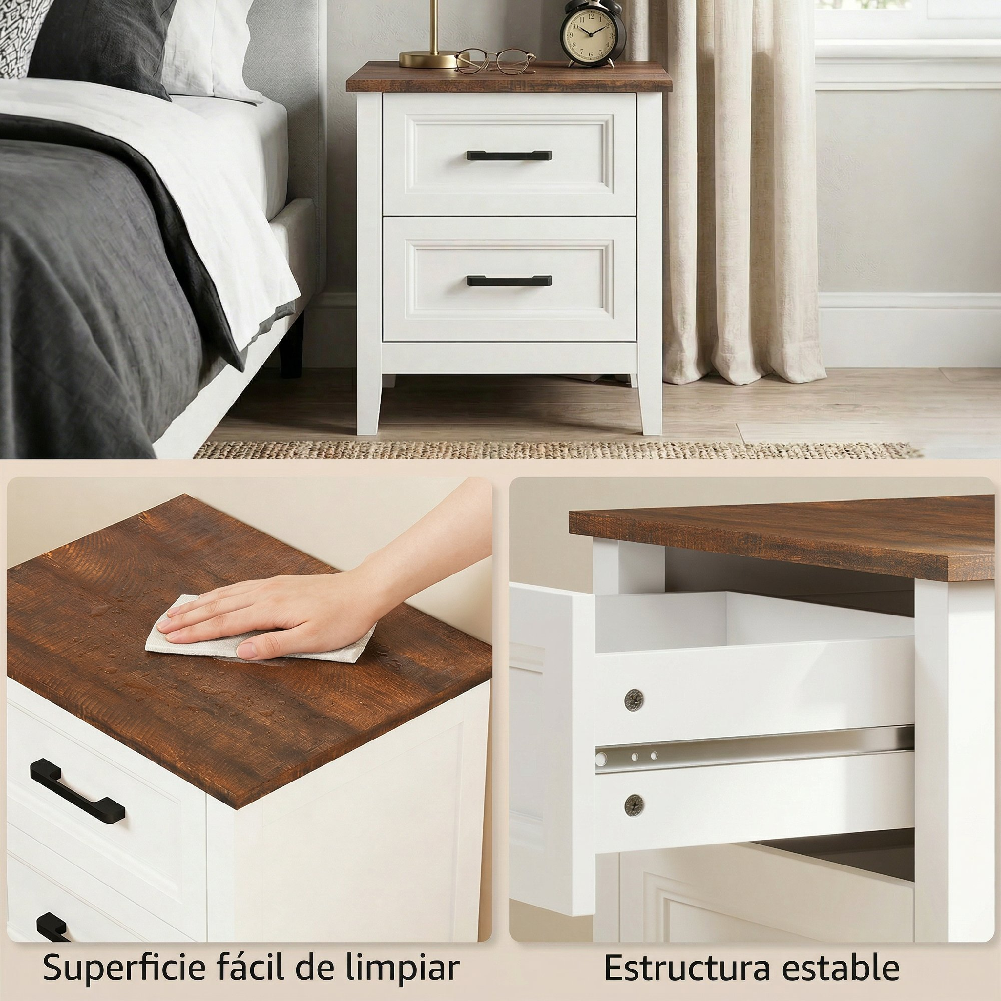 Mesita de noche blanca con tapa de madera y dos cajones.