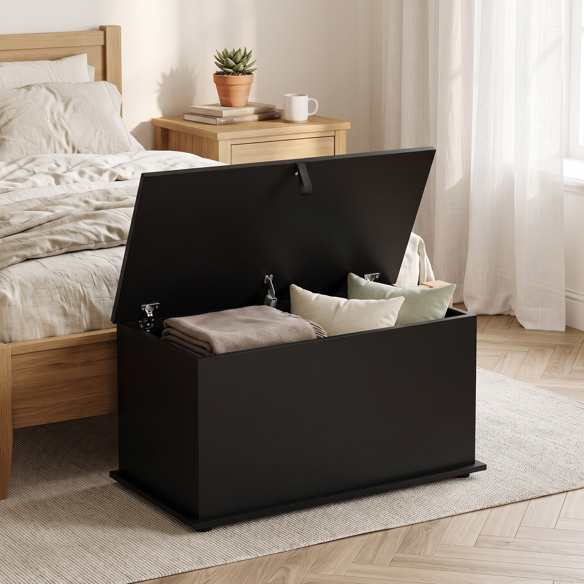 Un baúl de madera negro abierto con cojines y mantas a los pies de una cama en un dormitorio luminoso.