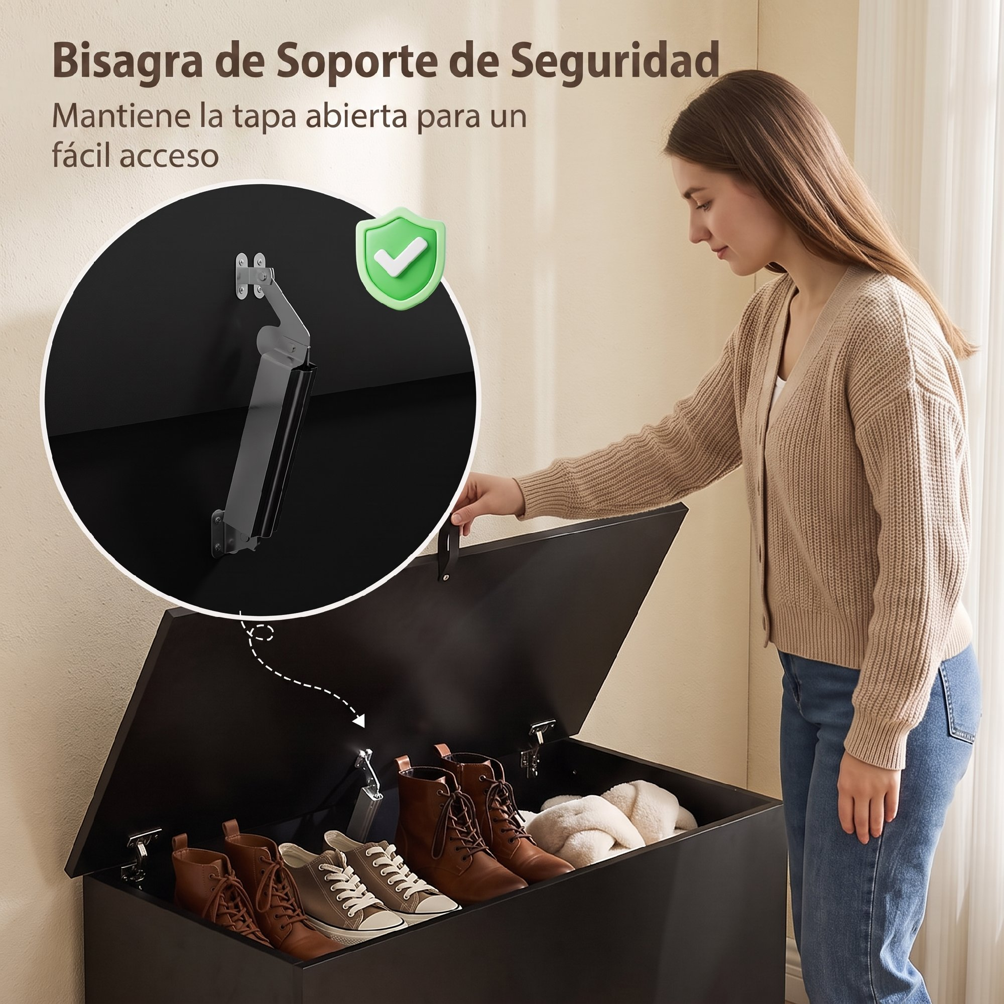 Una mujer abre un banco de almacenamiento oscuro con zapatos y bisagra de seguridad.