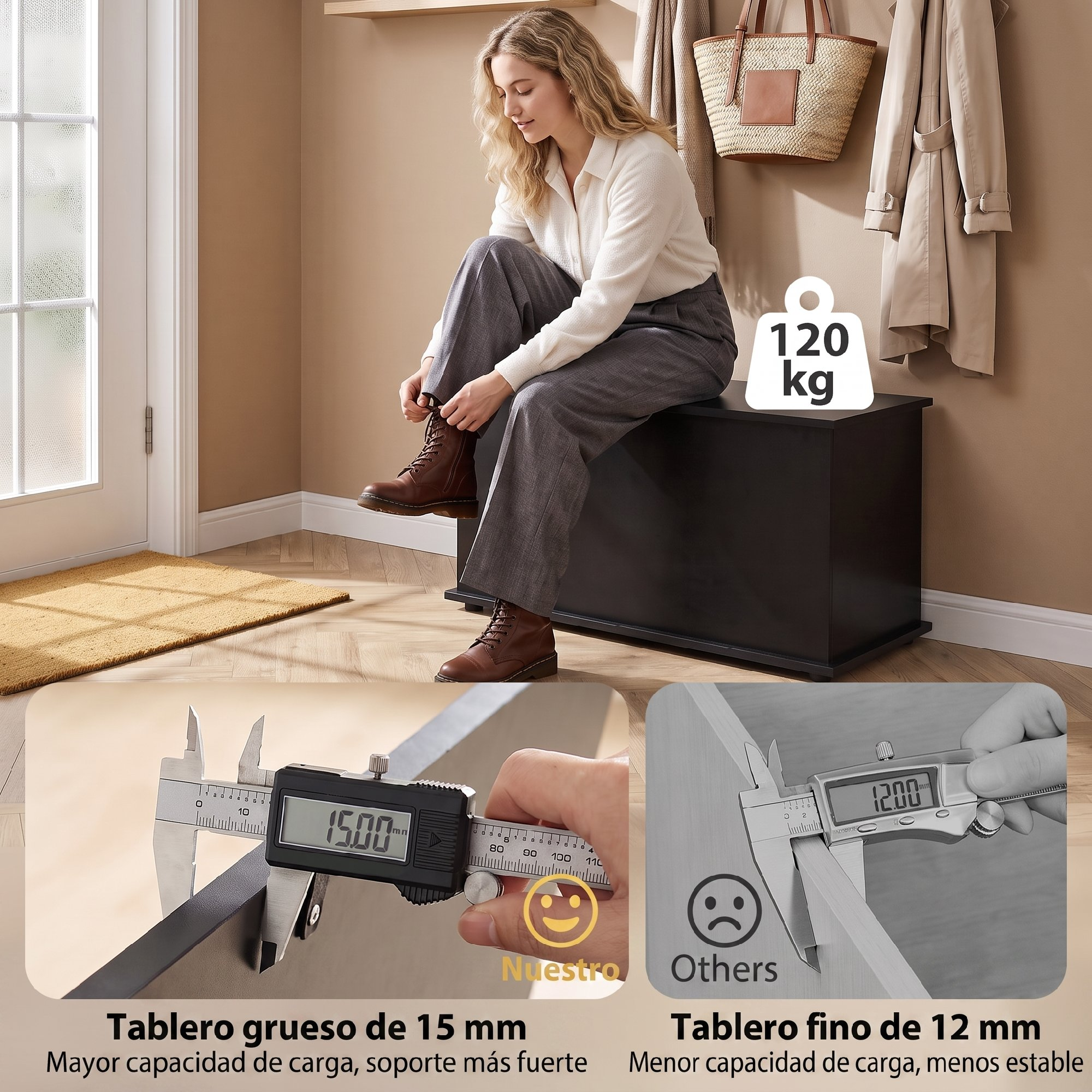 Una mujer se ata las botas en un banco negro; abajo, unos calibres muestran el grosor del tablero.
