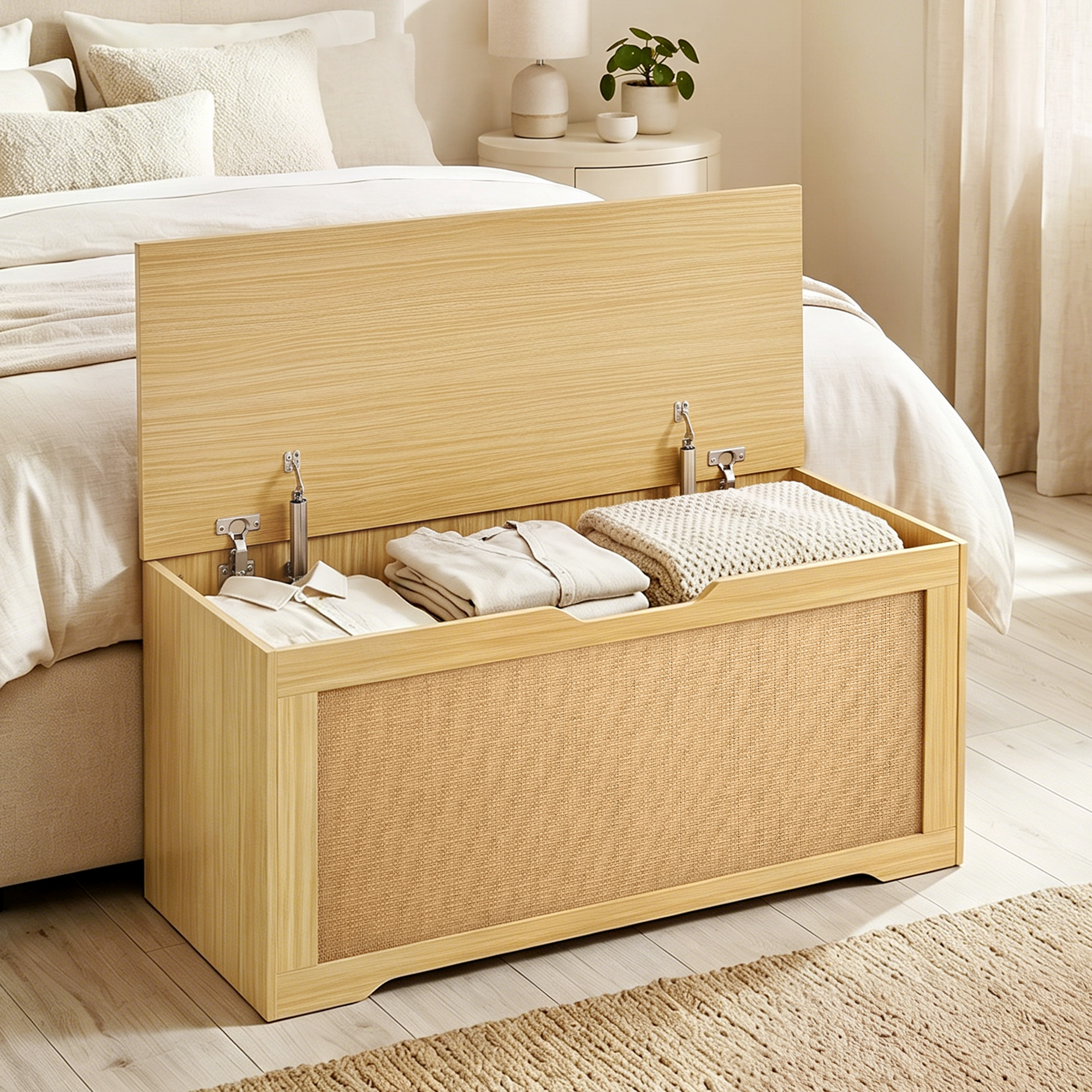 Un baúl de madera abierto con ropa doblada adentro se encuentra a los pies de una cama en un dormitorio luminoso.