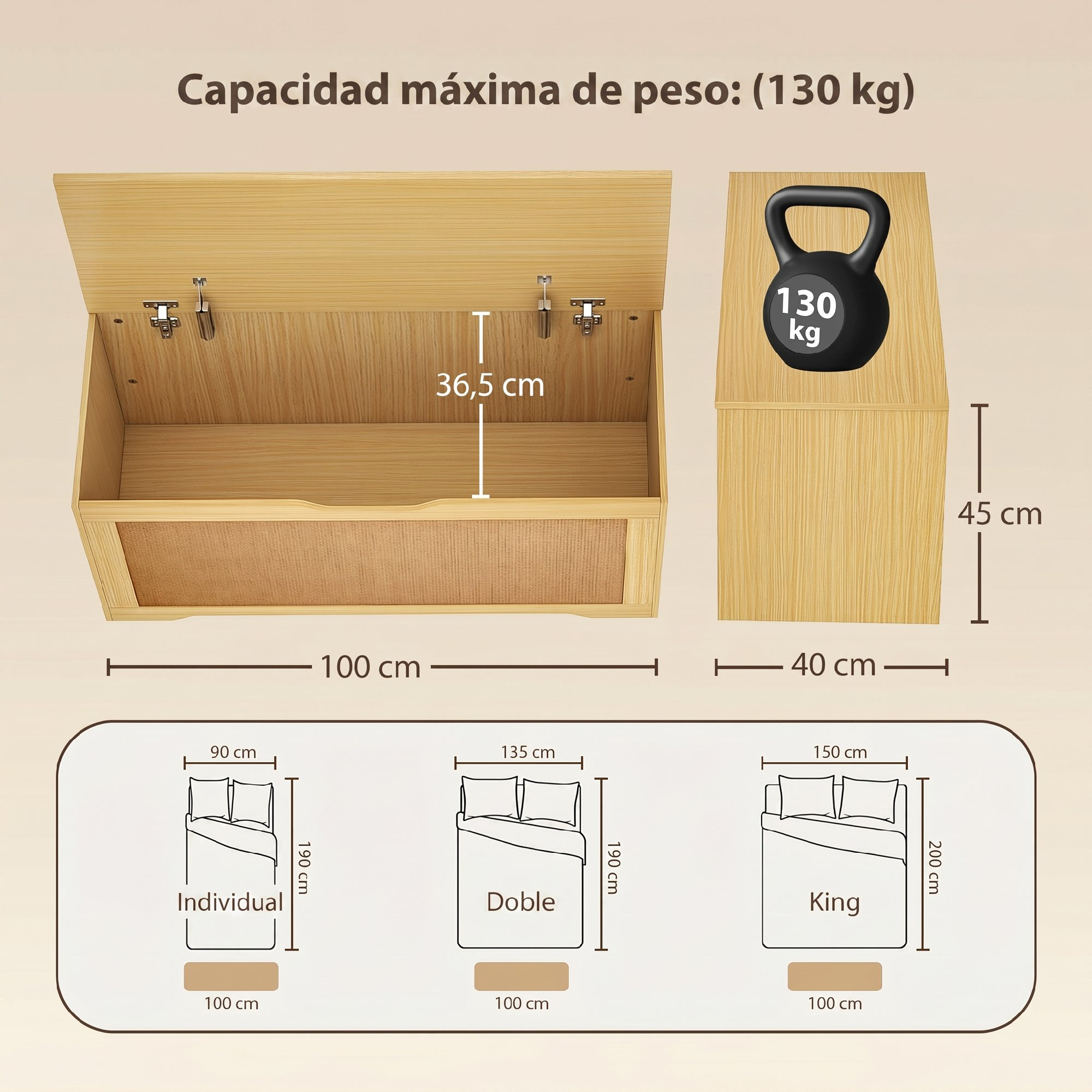 Baúl de madera, 100x40x45cm, carga máx. 130kg, con dimensiones y comparación de tamaños de cama.