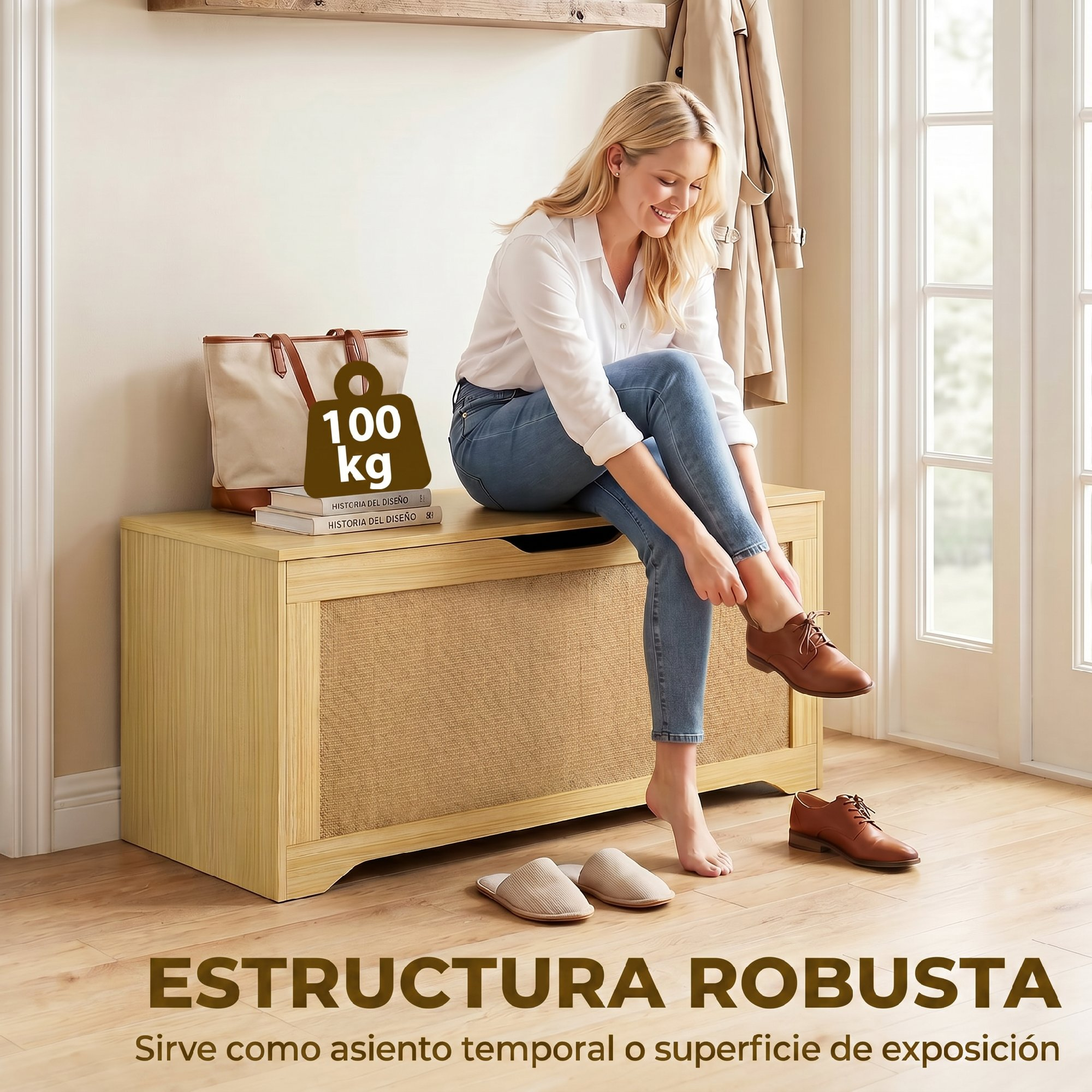 Una mujer rubia se sienta en un banco de madera con almacenamiento y se pone zapatos marrones.