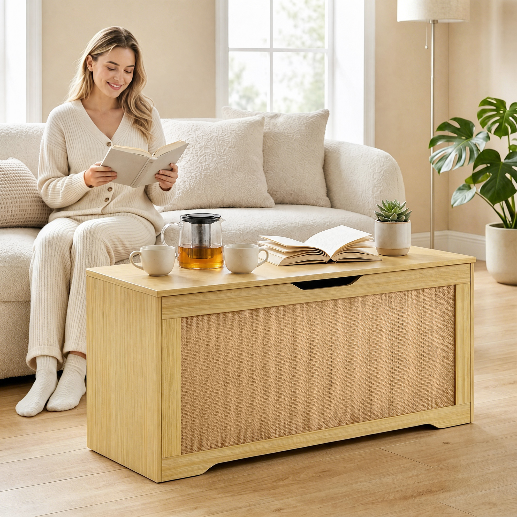 Una mujer lee un libro en un sofá blanco junto a una mesa de centro de madera con tetera y tazas.